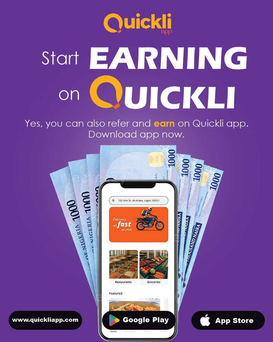 quickliapp_'s tweet photo. Lagos stress is enough. Quickli App makes ordering simple
Download now on IOS &amp; Google Play Store

Get ₦1000 OFF your first order
Order from vendors around you