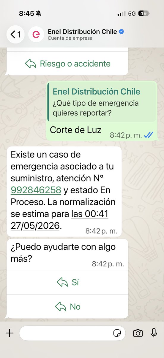 cid_jano's tweet photo. @Enel_Informa_CL @enel_informa_cl Acabo de generar el incidente y me dicen que la normalización se estima para las 00:41 ¿? https://t.co/GhuyzmKVpi