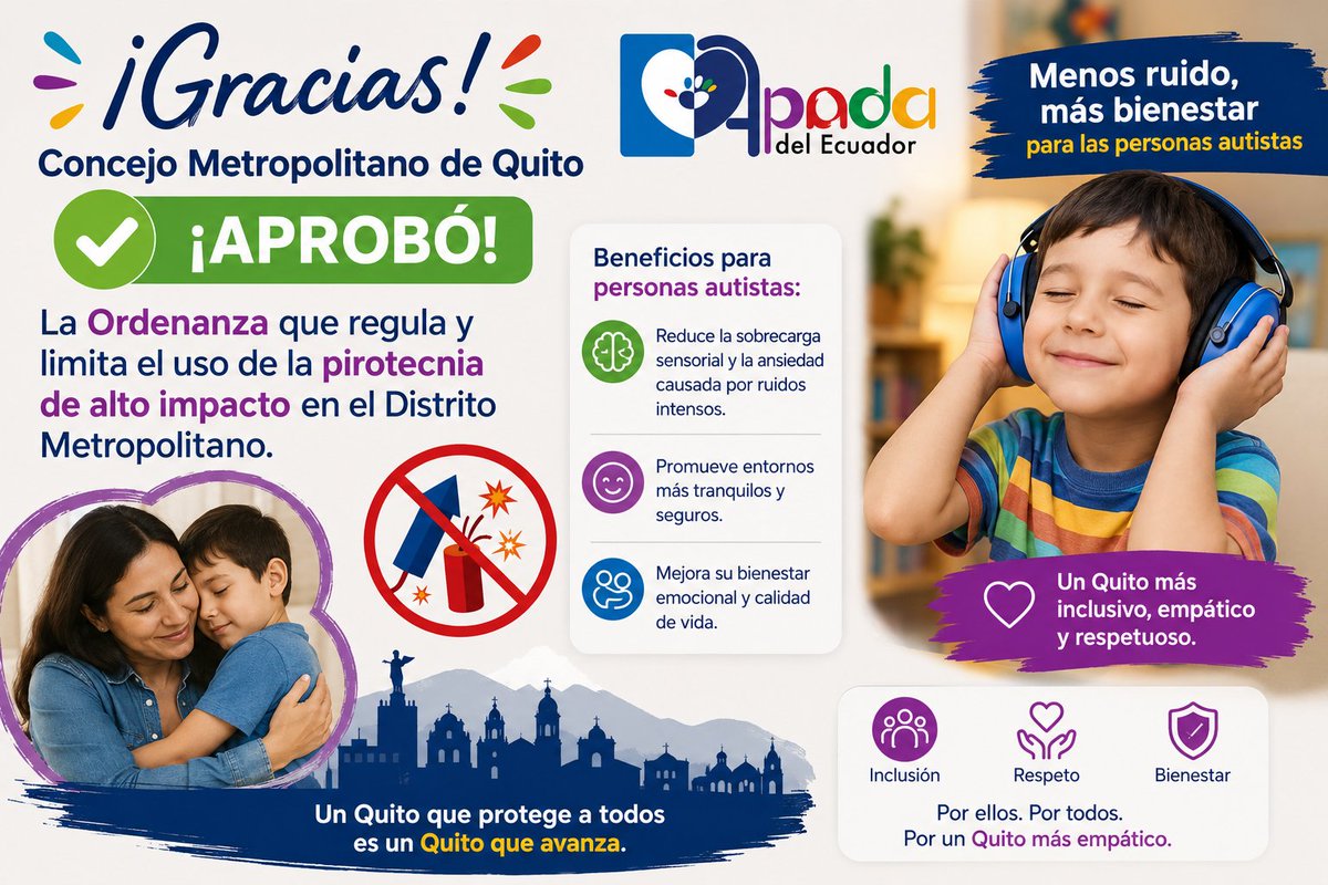 vandocilla's tweet photo. Hoy damos un paso importante hacia una ciudad más empática e inclusiva.
Saludamos la aprobación de la Ordenanza del Concejo Metropolitano de Quito que regula y limita el uso de la pirotecnia de alto impacto en el Distrito Metropolitano.
Esta decisión representa un avance para miles de personas autistas, niñas, niños, adultos mayores, personas con hipersensibilidad sensorial y también para los animales, quienes sufren las consecuencias del ruido extremo provocado por la pirotecnia.
Menos ruido significa más bienestar, más tranquilidad y más respeto por la diversidad humana.
Desde APADA del Ecuador reafirmamos la importancia de construir espacios accesibles, seguros y respetuosos para todas las personas.
Un Quito más inclusivo y consciente es posible. 📷📷
#Quito #Autismo #Inclusión #APADA #Pirotecnia #Neurodiversidad #Bienestar #QuitoInclusivo #Discapacidad #Respeto #Empatía
