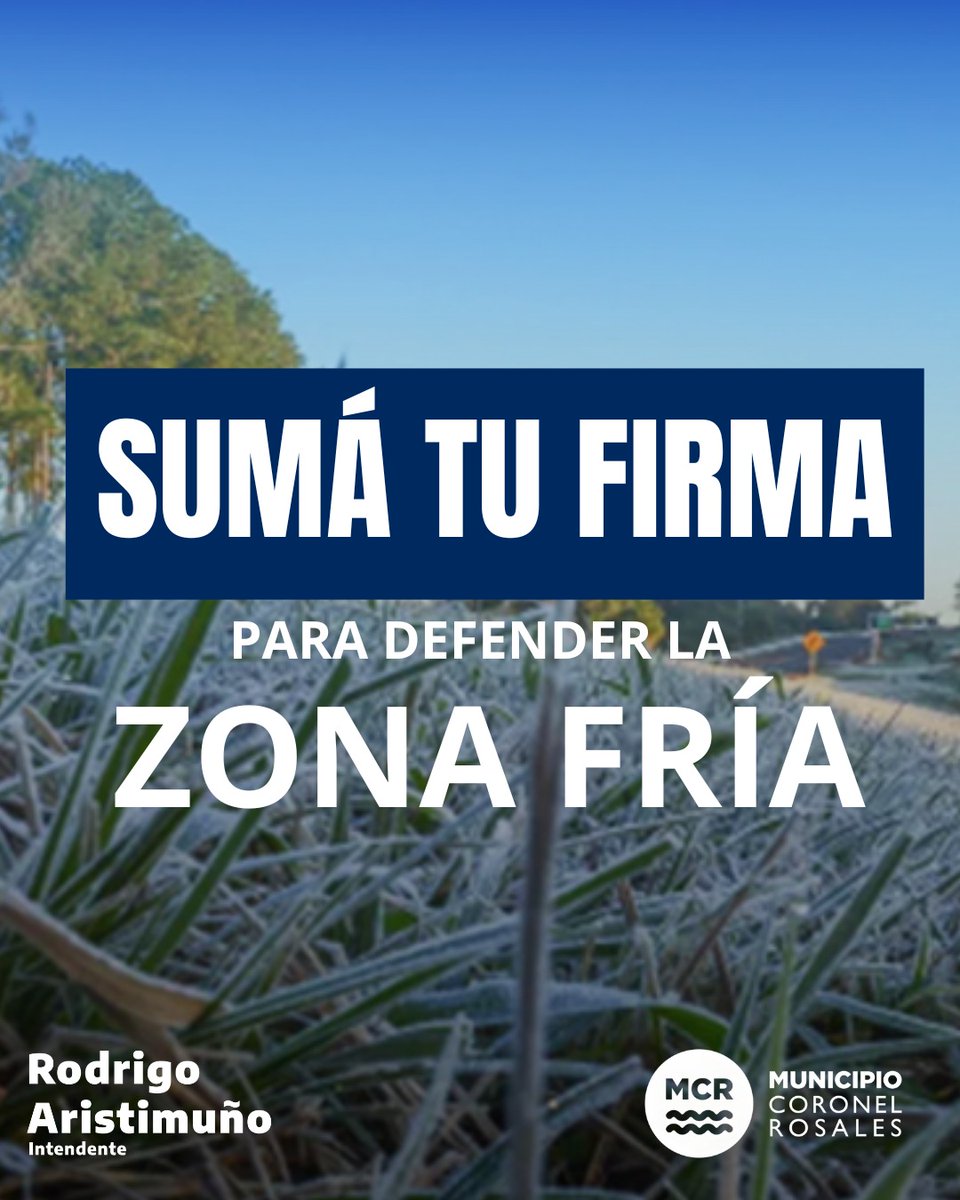 rodrigo_arist's tweet photo. ❄️ SUMÁ TU FIRMA EN DEFENSA DE LA ZONA FRÍA

Ante el intento de modificar la Ley Nacional N°27.637, el Municipio de Coronel Rosales convoca a vecinos y vecinas a acompañar con su firma el reclamo para sostener los descuentos en la tarifa de gas que hoy benefician a nuestra comunidad.

La Zona Fría no es un privilegio: es una respuesta necesaria a las condiciones climáticas de nuestra región y al derecho de las familias a calefaccionarse de manera accesible.

👉🏻 Podés acceder al formulario mediante el siguiente enlace:
https://t.co/FVwWUBSgVS