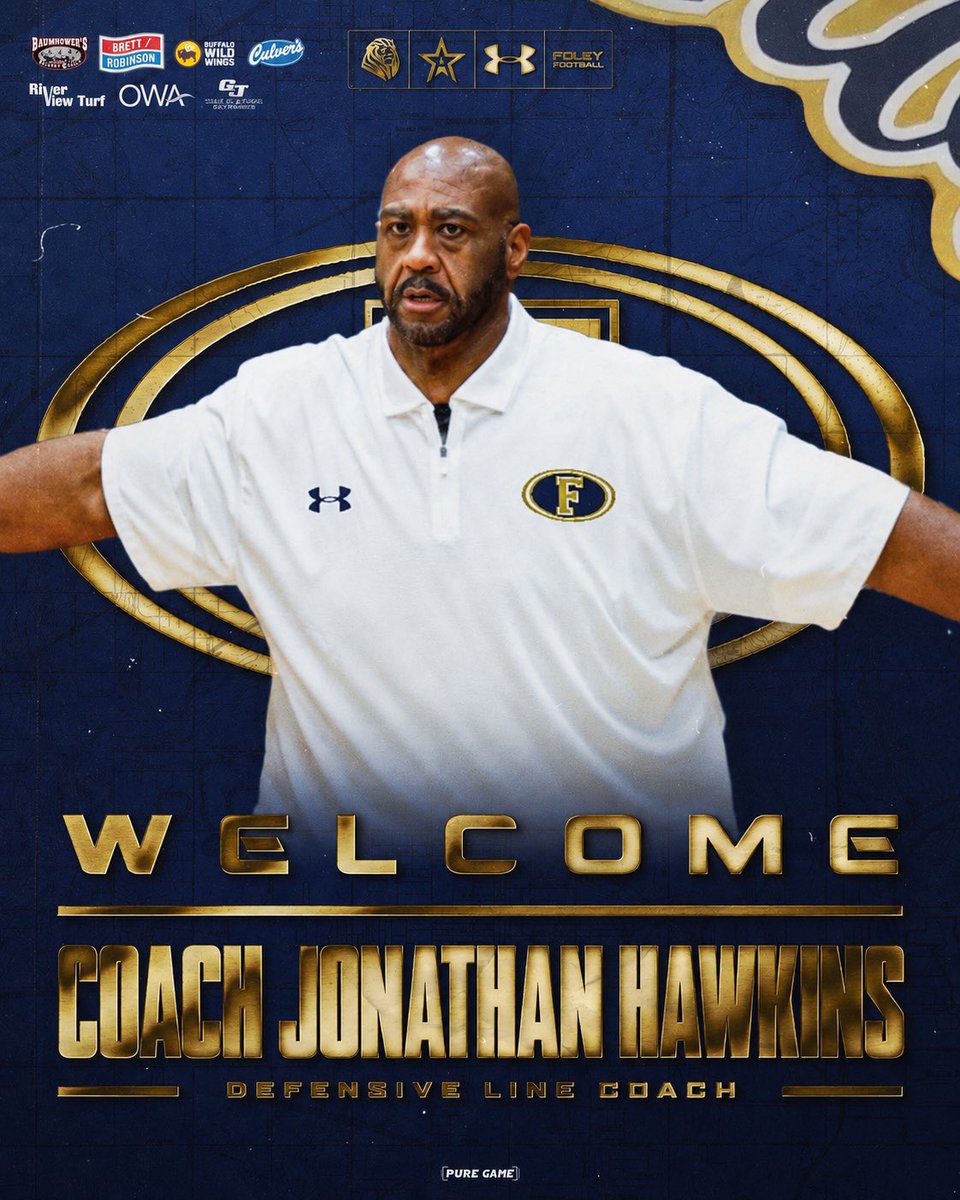 FoleyLionsFB's tweet photo. Big time hire for the trenches 💪

A former defensive coordinator, head coach, assistant director of athletics, and most importantly a proven defensive line developer for the next level, we are excited to welcome Coach Jonathan Hawkins to the coaching staff! 

#OwnIt #1ROAR 🦁 https://t.co/c5ovpLDc4U