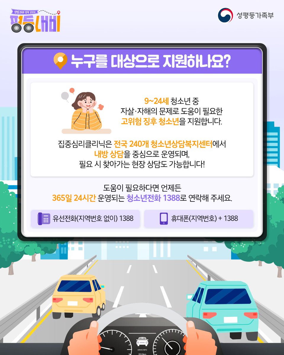 mogef's tweet photo. 성평등가족부 정책 길잡이, 평등내비🚖
⠀
심리적 어려움을 겪는 고위기 청소년들이
다시 안정적인 일상을 찾을 수 있도록 돕는
전문 지원 사업을 안내합니다!
⠀
우리 청소년들이 혼자 어려움을 겪지 않도록,
더 두텁고 세심한 지원 체계로
곁에서 늘 함께 하겠습니다🙂 https://t.co/iF5ppWoJeW