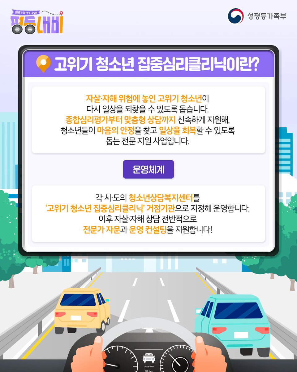 mogef's tweet photo. 성평등가족부 정책 길잡이, 평등내비🚖
⠀
심리적 어려움을 겪는 고위기 청소년들이
다시 안정적인 일상을 찾을 수 있도록 돕는
전문 지원 사업을 안내합니다!
⠀
우리 청소년들이 혼자 어려움을 겪지 않도록,
더 두텁고 세심한 지원 체계로
곁에서 늘 함께 하겠습니다🙂 https://t.co/iF5ppWoJeW