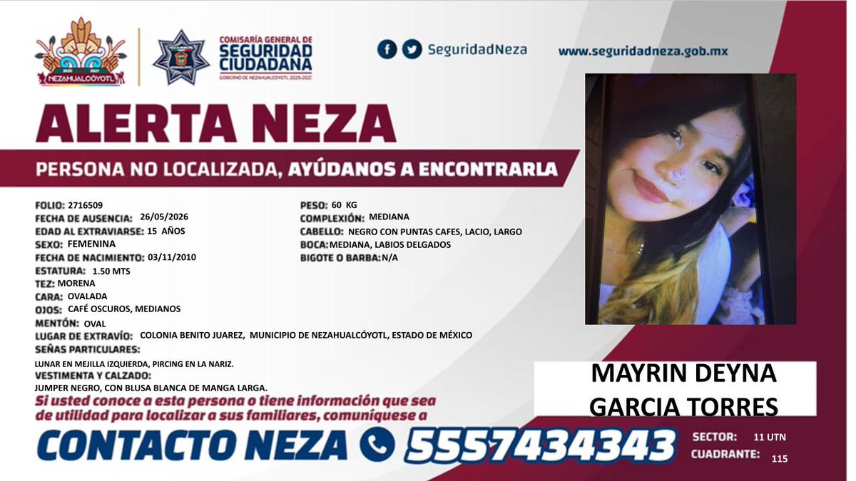 AlertaNeza's tweet photo. ⚠️ #AlertaNeza | Tu ayuda es muy importante para localizar a #Mayrin Deyna García Torres.
Cualquier información, comunícate al 📞 55 5743 4343 https://t.co/NheUQLp6AL