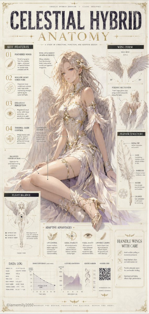 IamEmily2050's tweet photo. 🤭🤭🤭

Create a refined vertical anime character design poster presented as a fictional biological anatomy dossier and premium editorial infographic.

The poster is a tall portrait composition with a pale ivory research board background, subtle paper grain, fine grid lines, measurement ticks, registration marks, and precise technical annotations. The visual language should feel like a luxury scientific magazine cover mixed with a fantasy character reference sheet.

At the top, place a large readable two-tier title:
“[SPECIES NAME]”
“ANATOMY”

The first word should be in huge distressed charcoal-black block lettering, spanning most of the page width. “ANATOMY” should sit beneath it in an elegant serif font using a muted accent color suited to the character type. The title must be clear, balanced, and integrated into the poster layout.

The central subject is an adult female fantasy-hybrid character seated in the foreground, occupying the lower two-thirds of the poster. She should be the visual focus, framed by diagrams and annotation panels without having her face, hands, or main silhouette covered.

Her body position should be graceful, compact, and anatomically coherent: seated in a three-quarter view, torso angled slightly toward the viewer, shoulders relaxed, one leg folded forward, the other bent naturally across the body, hands placed believably, and head subtly tilted. Weight distribution must feel grounded. No floating limbs, no broken joints, no duplicated body parts.

The character has the defining anatomical traits of a [HYBRID ARCHETYPE]. These traits must be integrated naturally into the body:
[CHARACTER-SPECIFIC TRAITS]

All non-human features must have believable anatomical origin points. Ears should connect correctly to the head. Horns should emerge from the skull with clear structure. Wings should attach at the upper back and shoulder-blade region. Tails should originate from the base of the spine or behind the pelvis, not float separately. Fur, feathers, wool, horns, claws, or other materials should have clear texture, volume, and direction.

Her expression should match the archetype:
[EXPRESSION AND PERSONALITY]

She wears an elegant fantasy outfit designed around the species identity:
[COSTUME DESCRIPTION]

The outfit must be stylish, tasteful, and non-explicit. It should look intentionally constructed, with logical seams, connected straps, layered panels, attached trims, closures, and believable fabric behavior. Avoid random decoration. Every visible garment element should have a clear design purpose and physical connection.

Arrange printed infographic panels around the character. These are flat editorial graphics on the poster surface, not floating screens. The panels should be organized, clean, and information-rich, with thin lines, icons, labels, silhouette studies, small diagrams, measurement arcs, calibration marks, bar charts, and compact fictional microtext.

Use this general panel system:

Left side:
A “KEY FEATURES” column with four numbered entries:
01 [FEATURE ONE]
02 [FEATURE TWO]
03 [FEATURE THREE]
04 [FEATURE FOUR]

Upper right:
A species-specific anatomical study panel labeled “[PRIMARY FEATURE],” showing a separate diagram of ears, horns, wings, tail, feathers, fur, wool, or other defining structure. Include angle guides, motion arrows, small measurement marks, and technical callouts.

Middle right:
A material or surface-structure panel labeled “[MATERIAL STRUCTURE],” showing a close-up study of fur, feathers, wool fibers, horn texture, skin layer, or other relevant biological surface. Include layered labels and small sectional diagrams.

Lower left:
A balance or movement panel labeled “[MOVEMENT / BALANCE SYSTEM],” showing a simplified silhouette, center-of-mass diagram, circular motion guides, and posture notes.

Bottom area:
An “ADAPTIVE ADVANTAGES” section with three or four icons describing the character’s biological strengths.

Bottom strip:
A “DATA LOG” section with small bar charts, QR-code-like blocks, serial numbers, and technical labels.

Lower right:
A caution label with a species-appropriate warning:
“[CAUTION TEXT]”

Annotation lines should point accurately to the correct body parts. The layout should be dense but controlled, with clear hierarchy: title first, character second, diagrams third. Leave enough negative space so the image feels designed rather than cluttered.

Rendering style: high-end anime illustration, crisp linework, refined anatomy, polished digital painting, soft skin shading, luminous hair, detailed material texture, tactile fur or feather detail where appropriate, subtle glossy highlights, delicate facial features, elegant costume construction, cinematic but gentle lighting, and subtle printed-poster texture.

Color palette:
[COLOR PALETTE]

The final image should feel like a premium fantasy biology reference poster: elegant, precise, readable, and visually coherent.

Negative guidance:
No nudity, no explicit pose, no childlike proportions, no distorted hands, no extra limbs, no floating tails, no misplaced ears, no impossible wing attachment, no random disconnected straps, no unreadable main title, no chaotic typography, no broken perspective, no cluttered panels covering the face, no muddy lighting, no oversaturated colors, no malformed anatomy, no duplicated body parts.