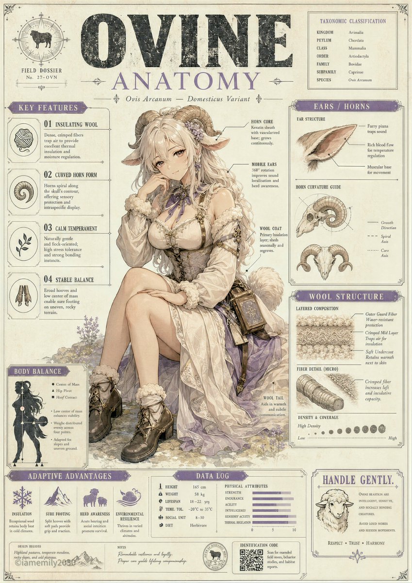 IamEmily2050's tweet photo. 🤭🤭🤭

Create a refined vertical anime character design poster presented as a fictional biological anatomy dossier and premium editorial infographic.

The poster is a tall portrait composition with a pale ivory research board background, subtle paper grain, fine grid lines, measurement ticks, registration marks, and precise technical annotations. The visual language should feel like a luxury scientific magazine cover mixed with a fantasy character reference sheet.

At the top, place a large readable two-tier title:
“[SPECIES NAME]”
“ANATOMY”

The first word should be in huge distressed charcoal-black block lettering, spanning most of the page width. “ANATOMY” should sit beneath it in an elegant serif font using a muted accent color suited to the character type. The title must be clear, balanced, and integrated into the poster layout.

The central subject is an adult female fantasy-hybrid character seated in the foreground, occupying the lower two-thirds of the poster. She should be the visual focus, framed by diagrams and annotation panels without having her face, hands, or main silhouette covered.

Her body position should be graceful, compact, and anatomically coherent: seated in a three-quarter view, torso angled slightly toward the viewer, shoulders relaxed, one leg folded forward, the other bent naturally across the body, hands placed believably, and head subtly tilted. Weight distribution must feel grounded. No floating limbs, no broken joints, no duplicated body parts.

The character has the defining anatomical traits of a [HYBRID ARCHETYPE]. These traits must be integrated naturally into the body:
[CHARACTER-SPECIFIC TRAITS]

All non-human features must have believable anatomical origin points. Ears should connect correctly to the head. Horns should emerge from the skull with clear structure. Wings should attach at the upper back and shoulder-blade region. Tails should originate from the base of the spine or behind the pelvis, not float separately. Fur, feathers, wool, horns, claws, or other materials should have clear texture, volume, and direction.

Her expression should match the archetype:
[EXPRESSION AND PERSONALITY]

She wears an elegant fantasy outfit designed around the species identity:
[COSTUME DESCRIPTION]

The outfit must be stylish, tasteful, and non-explicit. It should look intentionally constructed, with logical seams, connected straps, layered panels, attached trims, closures, and believable fabric behavior. Avoid random decoration. Every visible garment element should have a clear design purpose and physical connection.

Arrange printed infographic panels around the character. These are flat editorial graphics on the poster surface, not floating screens. The panels should be organized, clean, and information-rich, with thin lines, icons, labels, silhouette studies, small diagrams, measurement arcs, calibration marks, bar charts, and compact fictional microtext.

Use this general panel system:

Left side:
A “KEY FEATURES” column with four numbered entries:
01 [FEATURE ONE]
02 [FEATURE TWO]
03 [FEATURE THREE]
04 [FEATURE FOUR]

Upper right:
A species-specific anatomical study panel labeled “[PRIMARY FEATURE],” showing a separate diagram of ears, horns, wings, tail, feathers, fur, wool, or other defining structure. Include angle guides, motion arrows, small measurement marks, and technical callouts.

Middle right:
A material or surface-structure panel labeled “[MATERIAL STRUCTURE],” showing a close-up study of fur, feathers, wool fibers, horn texture, skin layer, or other relevant biological surface. Include layered labels and small sectional diagrams.

Lower left:
A balance or movement panel labeled “[MOVEMENT / BALANCE SYSTEM],” showing a simplified silhouette, center-of-mass diagram, circular motion guides, and posture notes.

Bottom area:
An “ADAPTIVE ADVANTAGES” section with three or four icons describing the character’s biological strengths.

Bottom strip:
A “DATA LOG” section with small bar charts, QR-code-like blocks, serial numbers, and technical labels.

Lower right:
A caution label with a species-appropriate warning:
“[CAUTION TEXT]”

Annotation lines should point accurately to the correct body parts. The layout should be dense but controlled, with clear hierarchy: title first, character second, diagrams third. Leave enough negative space so the image feels designed rather than cluttered.

Rendering style: high-end anime illustration, crisp linework, refined anatomy, polished digital painting, soft skin shading, luminous hair, detailed material texture, tactile fur or feather detail where appropriate, subtle glossy highlights, delicate facial features, elegant costume construction, cinematic but gentle lighting, and subtle printed-poster texture.

Color palette:
[COLOR PALETTE]

The final image should feel like a premium fantasy biology reference poster: elegant, precise, readable, and visually coherent.

Negative guidance:
No nudity, no explicit pose, no childlike proportions, no distorted hands, no extra limbs, no floating tails, no misplaced ears, no impossible wing attachment, no random disconnected straps, no unreadable main title, no chaotic typography, no broken perspective, no cluttered panels covering the face, no muddy lighting, no oversaturated colors, no malformed anatomy, no duplicated body parts.