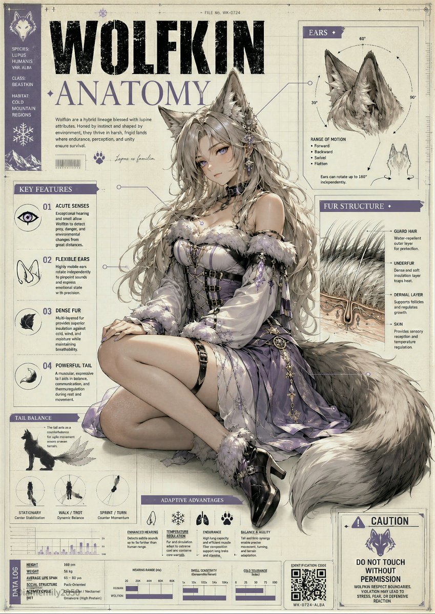 IamEmily2050's tweet photo. 🤭🤭🤭

Create a refined vertical anime character design poster presented as a fictional biological anatomy dossier and premium editorial infographic.

The poster is a tall portrait composition with a pale ivory research board background, subtle paper grain, fine grid lines, measurement ticks, registration marks, and precise technical annotations. The visual language should feel like a luxury scientific magazine cover mixed with a fantasy character reference sheet.

At the top, place a large readable two-tier title:
“[SPECIES NAME]”
“ANATOMY”

The first word should be in huge distressed charcoal-black block lettering, spanning most of the page width. “ANATOMY” should sit beneath it in an elegant serif font using a muted accent color suited to the character type. The title must be clear, balanced, and integrated into the poster layout.

The central subject is an adult female fantasy-hybrid character seated in the foreground, occupying the lower two-thirds of the poster. She should be the visual focus, framed by diagrams and annotation panels without having her face, hands, or main silhouette covered.

Her body position should be graceful, compact, and anatomically coherent: seated in a three-quarter view, torso angled slightly toward the viewer, shoulders relaxed, one leg folded forward, the other bent naturally across the body, hands placed believably, and head subtly tilted. Weight distribution must feel grounded. No floating limbs, no broken joints, no duplicated body parts.

The character has the defining anatomical traits of a [HYBRID ARCHETYPE]. These traits must be integrated naturally into the body:
[CHARACTER-SPECIFIC TRAITS]

All non-human features must have believable anatomical origin points. Ears should connect correctly to the head. Horns should emerge from the skull with clear structure. Wings should attach at the upper back and shoulder-blade region. Tails should originate from the base of the spine or behind the pelvis, not float separately. Fur, feathers, wool, horns, claws, or other materials should have clear texture, volume, and direction.

Her expression should match the archetype:
[EXPRESSION AND PERSONALITY]

She wears an elegant fantasy outfit designed around the species identity:
[COSTUME DESCRIPTION]

The outfit must be stylish, tasteful, and non-explicit. It should look intentionally constructed, with logical seams, connected straps, layered panels, attached trims, closures, and believable fabric behavior. Avoid random decoration. Every visible garment element should have a clear design purpose and physical connection.

Arrange printed infographic panels around the character. These are flat editorial graphics on the poster surface, not floating screens. The panels should be organized, clean, and information-rich, with thin lines, icons, labels, silhouette studies, small diagrams, measurement arcs, calibration marks, bar charts, and compact fictional microtext.

Use this general panel system:

Left side:
A “KEY FEATURES” column with four numbered entries:
01 [FEATURE ONE]
02 [FEATURE TWO]
03 [FEATURE THREE]
04 [FEATURE FOUR]

Upper right:
A species-specific anatomical study panel labeled “[PRIMARY FEATURE],” showing a separate diagram of ears, horns, wings, tail, feathers, fur, wool, or other defining structure. Include angle guides, motion arrows, small measurement marks, and technical callouts.

Middle right:
A material or surface-structure panel labeled “[MATERIAL STRUCTURE],” showing a close-up study of fur, feathers, wool fibers, horn texture, skin layer, or other relevant biological surface. Include layered labels and small sectional diagrams.

Lower left:
A balance or movement panel labeled “[MOVEMENT / BALANCE SYSTEM],” showing a simplified silhouette, center-of-mass diagram, circular motion guides, and posture notes.

Bottom area:
An “ADAPTIVE ADVANTAGES” section with three or four icons describing the character’s biological strengths.

Bottom strip:
A “DATA LOG” section with small bar charts, QR-code-like blocks, serial numbers, and technical labels.

Lower right:
A caution label with a species-appropriate warning:
“[CAUTION TEXT]”

Annotation lines should point accurately to the correct body parts. The layout should be dense but controlled, with clear hierarchy: title first, character second, diagrams third. Leave enough negative space so the image feels designed rather than cluttered.

Rendering style: high-end anime illustration, crisp linework, refined anatomy, polished digital painting, soft skin shading, luminous hair, detailed material texture, tactile fur or feather detail where appropriate, subtle glossy highlights, delicate facial features, elegant costume construction, cinematic but gentle lighting, and subtle printed-poster texture.

Color palette:
[COLOR PALETTE]

The final image should feel like a premium fantasy biology reference poster: elegant, precise, readable, and visually coherent.

Negative guidance:
No nudity, no explicit pose, no childlike proportions, no distorted hands, no extra limbs, no floating tails, no misplaced ears, no impossible wing attachment, no random disconnected straps, no unreadable main title, no chaotic typography, no broken perspective, no cluttered panels covering the face, no muddy lighting, no oversaturated colors, no malformed anatomy, no duplicated body parts.