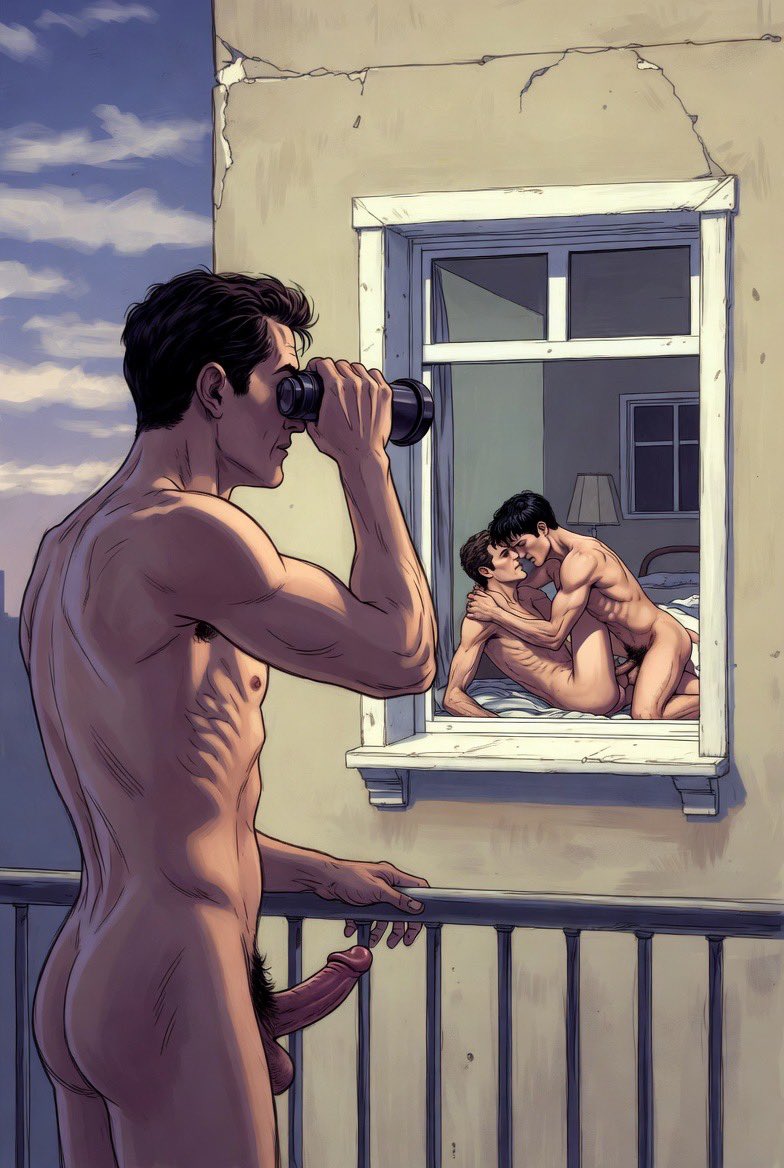 GayPublicBara's tweet photo. Balcony Voyeur
#GayAIArt #Voyeurism #Homoerotic #NSFWArt #MuscledMen https://t.co/c7YQ5ZOuLy