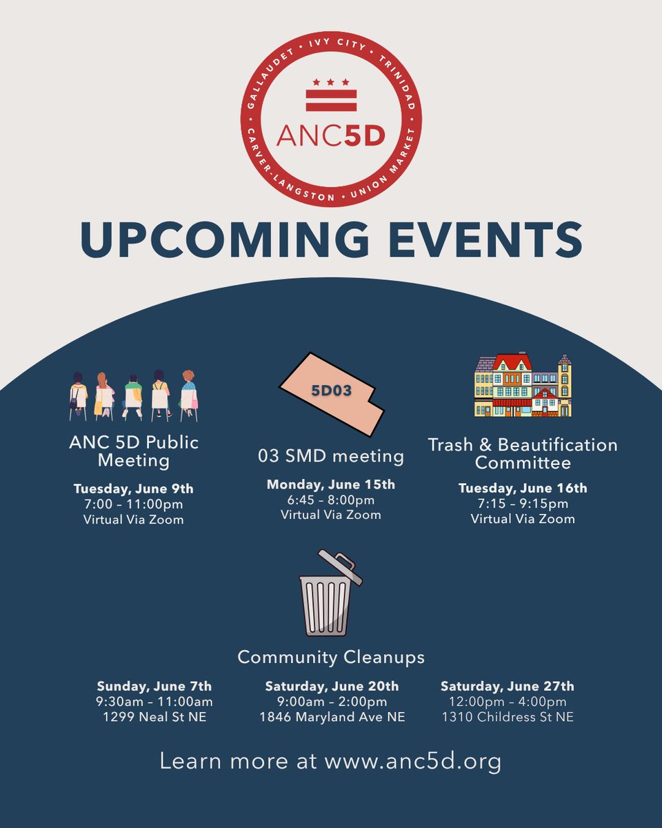 ANC5D's tweet photo. 📅 Mark your calendars, ANC 5D! From public meetings and committee discussions to community cleanups, there are plenty of ways to stay involved this month. Our neighborhood works best when we show up together. 

Learn more at https://t.co/k14V3jnAJT. #ANC5D https://t.co/DVy7h1VFtw