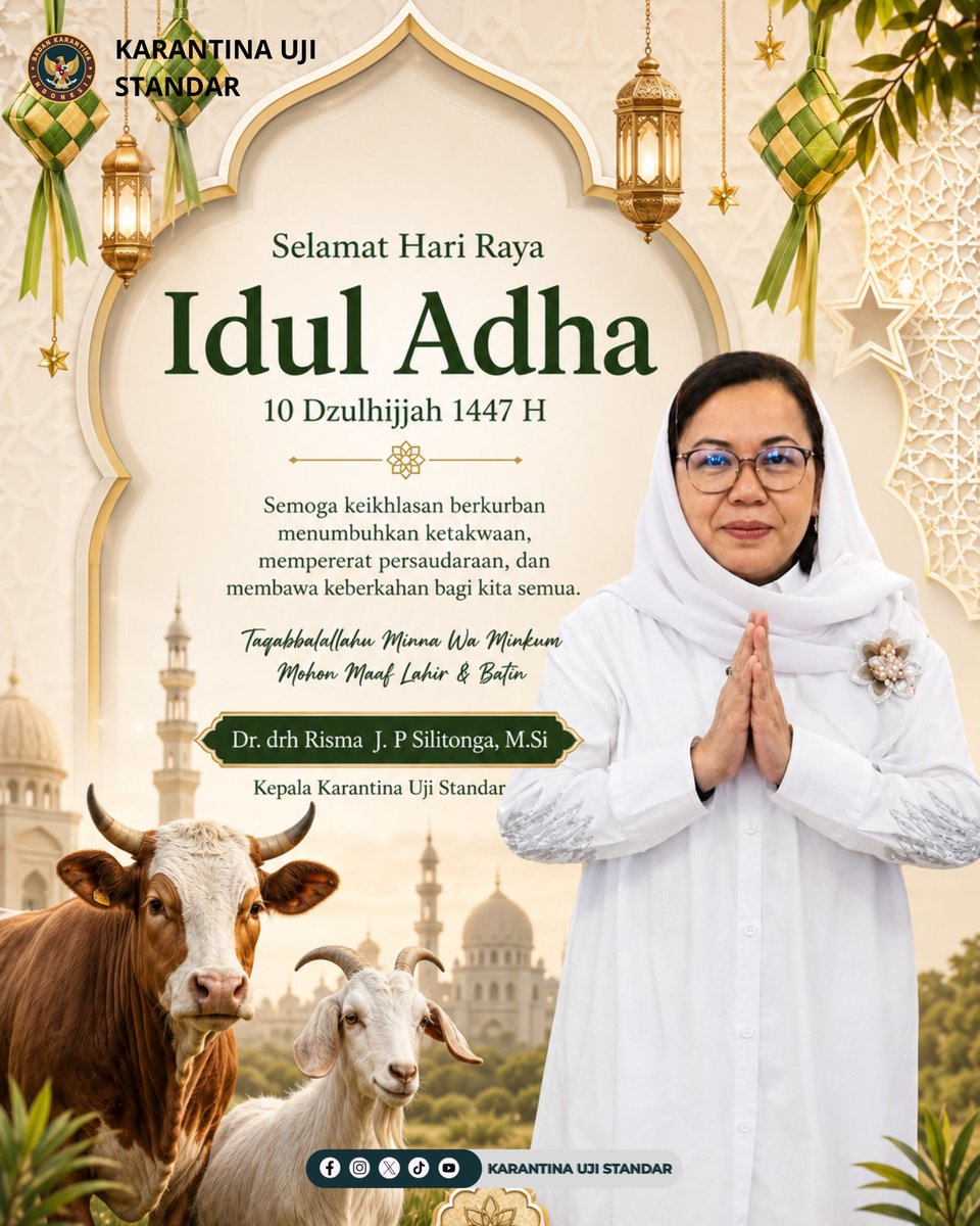 ujistandar's tweet photo. 🌙✨ Selamat Hari Raya Idul Adha 1447 H ✨🌙

Idul Adha bukan hanya tentang berkurban, tetapi juga tentang keikhlasan, kepedulian, dan pengorbanan demi kebaikan bersama 🤍 🐄🐐

#HariRayaIdulAdha
#KarantinaUjiStandar https://t.co/KwgjxpCAPk