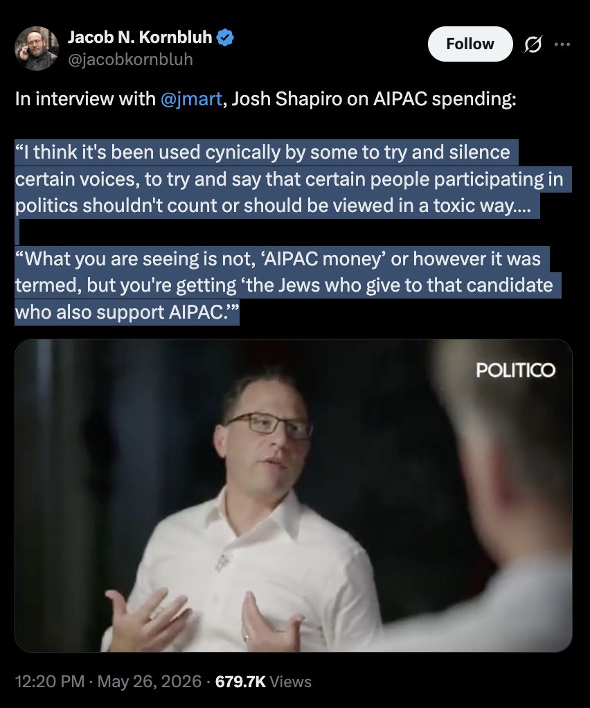 PushDemsLeft's tweet photo. Shapiro says opposing AIPAC's big spending on behalf of a gen*cidal foreign state is wrong because you shouldn't "silence certain voices" or "say that certain people participating in politics shouldn't count," yet he tried to abuse his power to ban American student protestors 🤔 https://t.co/bJAfWsG3nz
