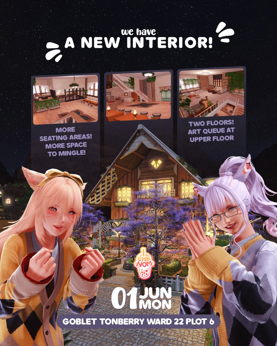 ChanomXIV's tweet photo. Chanom Cafe underwent a MAJOR RENOVATION, and we're happy to be sporting two floors now!

1st Floor: Host, Barista, General Reception
2nd Floor: Art Queue

Come visit! 
📅 1st Jun Mon
⏰ 8PM GMT+8
📍 Tonberry Goblet Ward 22 Plot 6
📒 https://t.co/CCvHZtNwfl
#Chanomcafe https://t.co/zM7WaJq43U