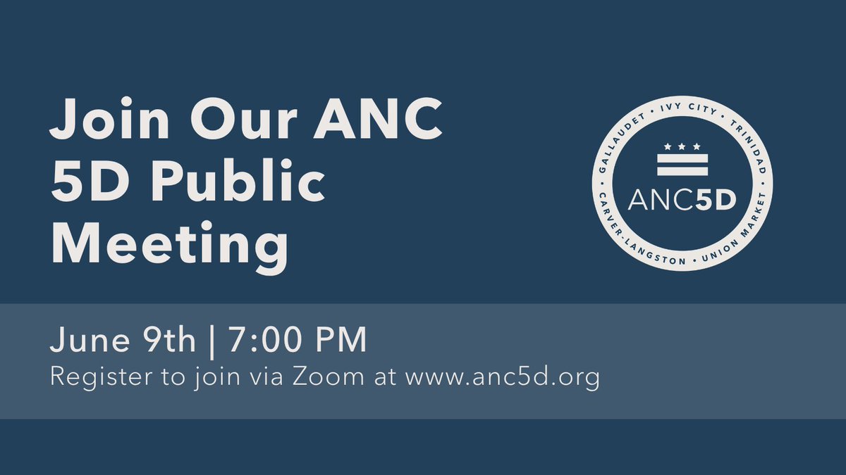 ANC5D's tweet photo. Your voice belongs in the room. Join ANC 5D’s Public Meeting on June 9 at 7 PM to hear updates, ask questions, and stay connected to what’s happening in our community. 

Register to join via Zoom at https://t.co/k14V3jnAJT. #ANC5D https://t.co/4hA7M1wRGt