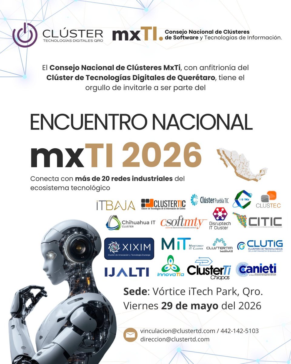 FUMEC_ORG's tweet photo. EMarín, CEO de FUMEC, participará en el Encuentro Nacional #mxTI2026, que reunirá a más de 20 redes industriales y líderes del ecosistema tecnológico nacional en Querétaro.
📍 Vórtice iTech Park, Querétaro
 📅 Viernes 29 de mayo de 2026
 🕐 12:50 PM
https://t.co/RZcOZzmmCW https://t.co/vSByMWJzZ5
