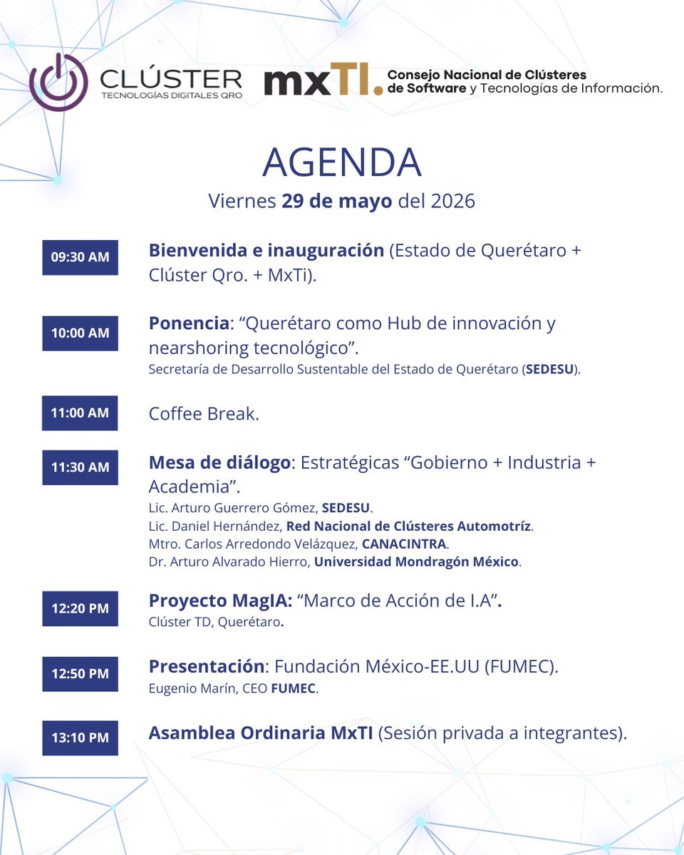FUMEC_ORG's tweet photo. EMarín, CEO de FUMEC, participará en el Encuentro Nacional #mxTI2026, que reunirá a más de 20 redes industriales y líderes del ecosistema tecnológico nacional en Querétaro.
📍 Vórtice iTech Park, Querétaro
 📅 Viernes 29 de mayo de 2026
 🕐 12:50 PM
https://t.co/RZcOZzmmCW https://t.co/vSByMWJzZ5