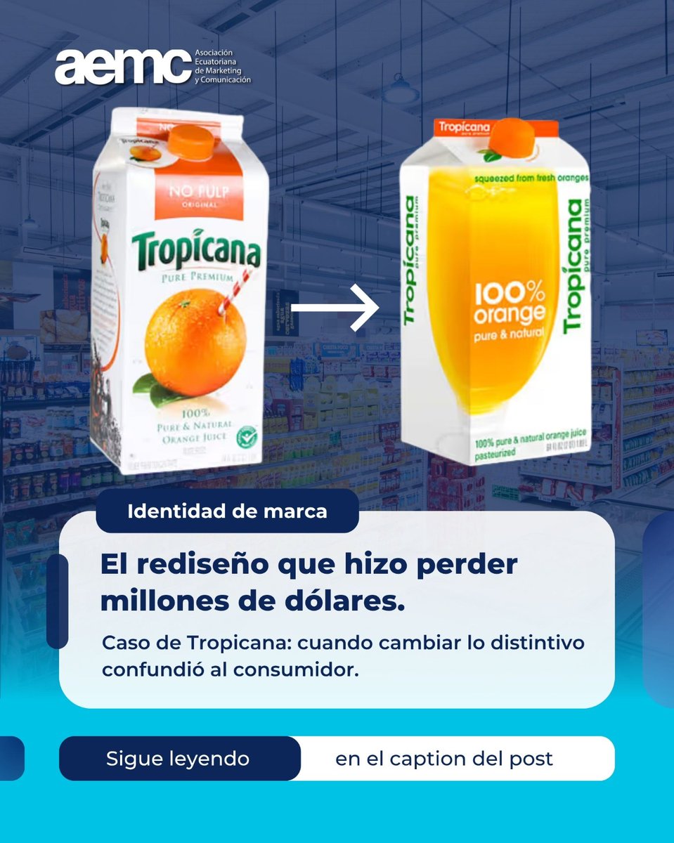 AemcEc's tweet photo. Existe una peligrosa epidemia en las mesas de directorio: la compulsión por "modernizar" la imagen de una marca sin una justificación estratégica. Un ejemplo doloroso es el de Tropicana en 2009. La marca decidió cambiar su empaque. Eliminaron su activo visual más poderoso. https://t.co/xmvj7aA6o7