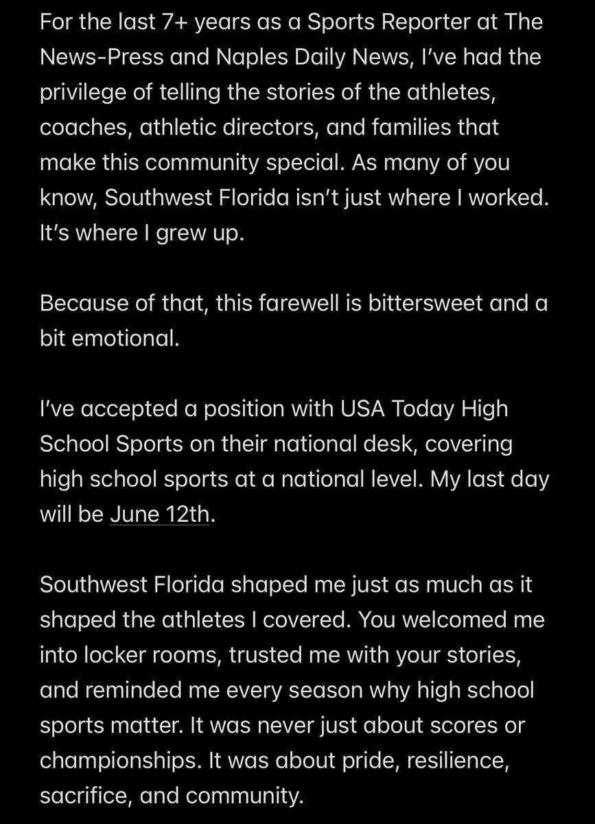 NP_AlexMartin's tweet photo. Personal news: My final day as a Sports Reporter for @TheNewsPress and @NDN will be June 12th.

I’m set to join the national high school sports desk at USA Today. Thank you so much to @rick_suter for this amazing opportunity.

But before then, a open letter to Southwest Florida: https://t.co/hpZDFH9V1d