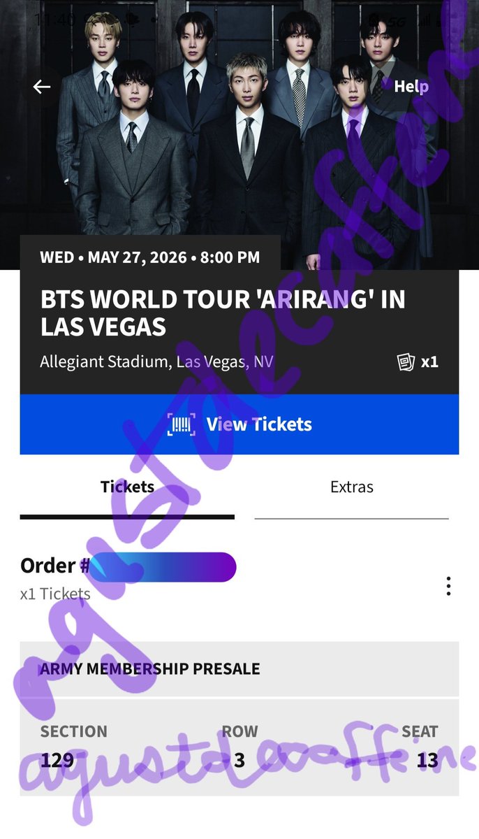 agustdecaffeine's tweet photo. WTS: 1 ticket for Wed 5/27 Day 3 in Las Vegas
Sec 129, Row 3, Seat 13
$644.36 (face value)
Sitting w/friends now. 💜 Can meet in person near Allegiant or PayPal G&amp;S (buyer pays fees) https://t.co/m3SK9T7mKZ