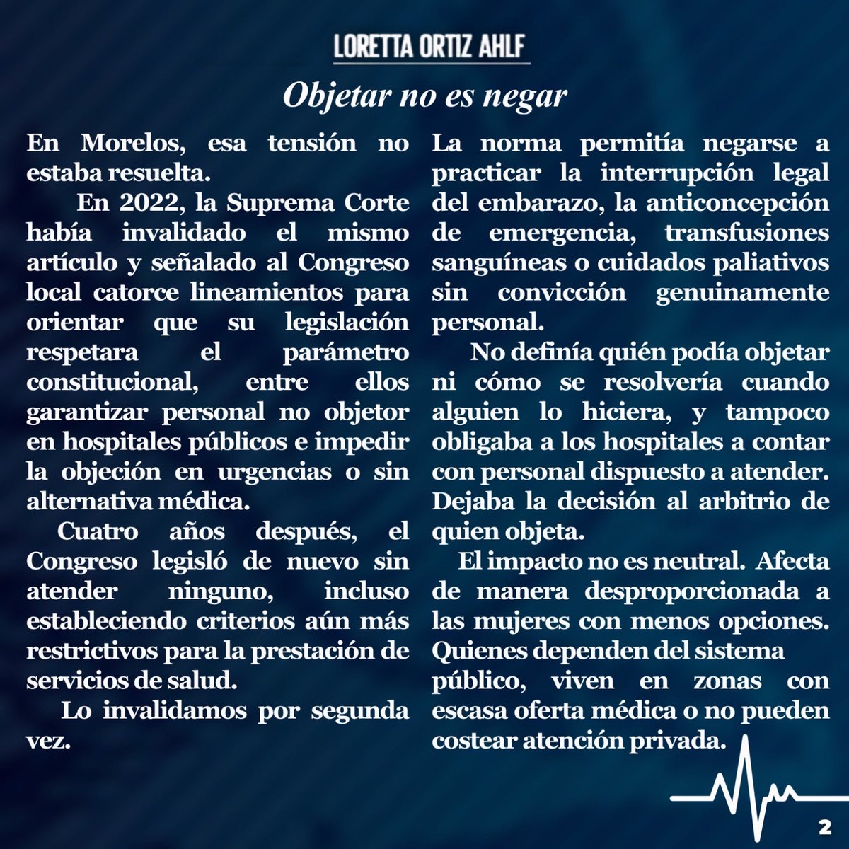 lorettaortiza's tweet photo. Objetar no es negar. 👩‍⚕️🏥🚫

En mi columna de esta semana para @El_Universal_Mx reflexiono sobre los límites de la objeción de conciencia.

La idea de este texto surge de una decisión reciente que tomamos en la @SCJN, en la que invalidamos una norma que permitía que la objeción de conciencia se tradujera en la negación de servicios de salud. 

📰 👩‍💻 Agradezco al Coordinador de mi Ponencia, Víctor Miranda Leyva (@VictorMilv), por su colaboración en la realización de esta columna. Les invito a leerla.