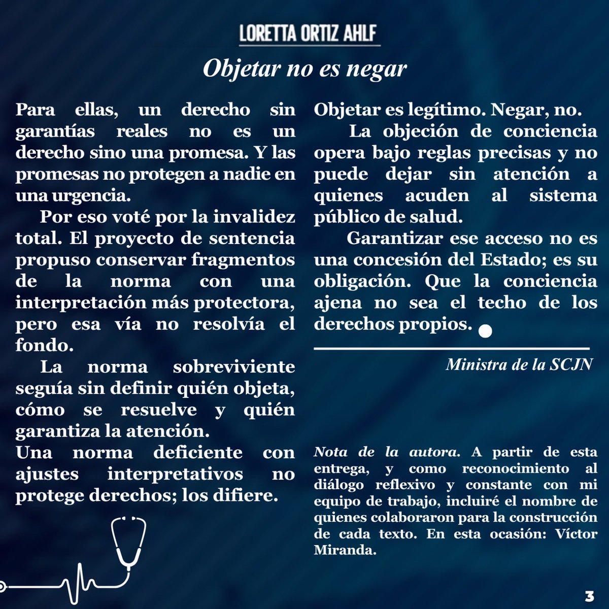 lorettaortiza's tweet photo. Objetar no es negar. 👩‍⚕️🏥🚫

En mi columna de esta semana para @El_Universal_Mx reflexiono sobre los límites de la objeción de conciencia.

La idea de este texto surge de una decisión reciente que tomamos en la @SCJN, en la que invalidamos una norma que permitía que la objeción de conciencia se tradujera en la negación de servicios de salud. 

📰 👩‍💻 Agradezco al Coordinador de mi Ponencia, Víctor Miranda Leyva (@VictorMilv), por su colaboración en la realización de esta columna. Les invito a leerla.