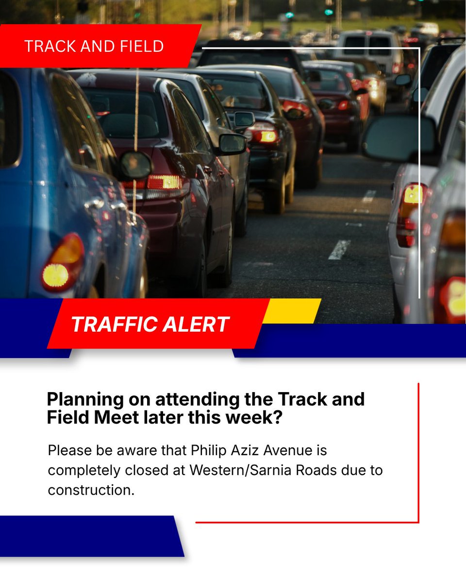 LDCSB's tweet photo. Track + Field Traffic Alert!🚦If you are planning on attending the LDCSB’s Track and Field Meet later this week and next week, please keep in mind that Philip Aziz Avenue is completely closed at Western/Sarnia Roads due to construction. https://t.co/4llvzjTMzD