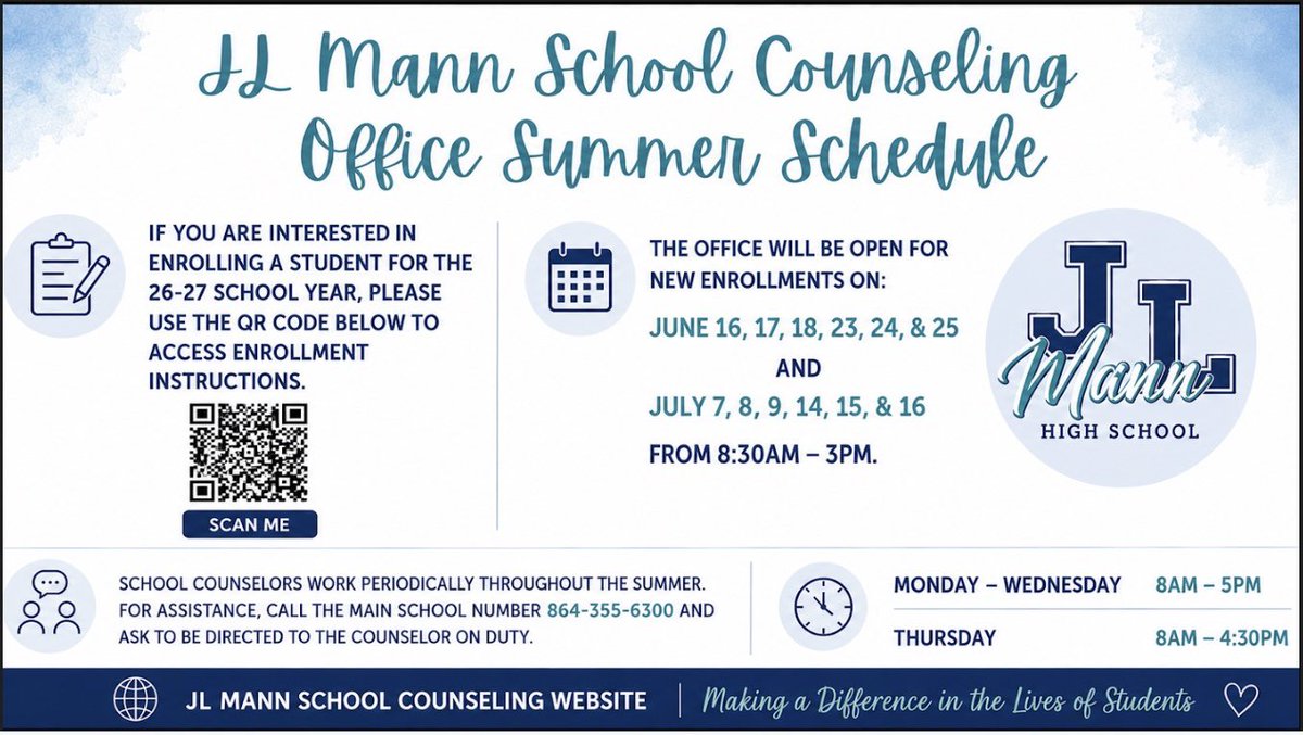 JLMannHigh's tweet photo. 🩵 JL Mann School Counseling Summer Hours 🩵 https://t.co/HPFrFZqiux