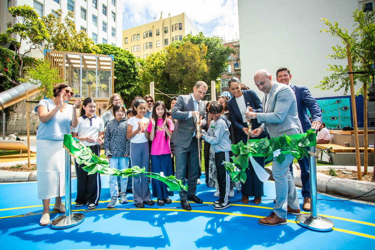 RecParkSF's tweet photo. Mayor @DanielLurie, Supervisor @bilalmahmood, City officials &amp; the community celebrated the reopening of the Tenderloin Rec Center Children’s Play Area, marking the completion of a project that transformed the space into a greener, more welcoming space for neighborhood families. https://t.co/QCp142fA6g
