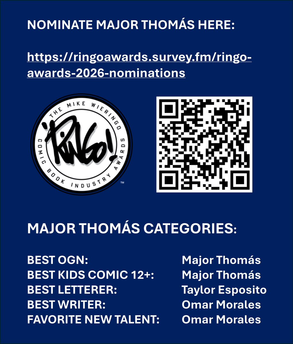 omorales81's tweet photo. TWO MORE DAYS TO VOTE FOR AWESOME PROJECTS FOR THE RINGO AWARDS! Vote for all the comics! 🗯️ #MajorThomás #RingoAwards #ComixologyOriginals #ComicArt #CteatorOwnedComics @ringoawards LINK: https://t.co/IW0hndqoRi https://t.co/TBgQZlVkfH