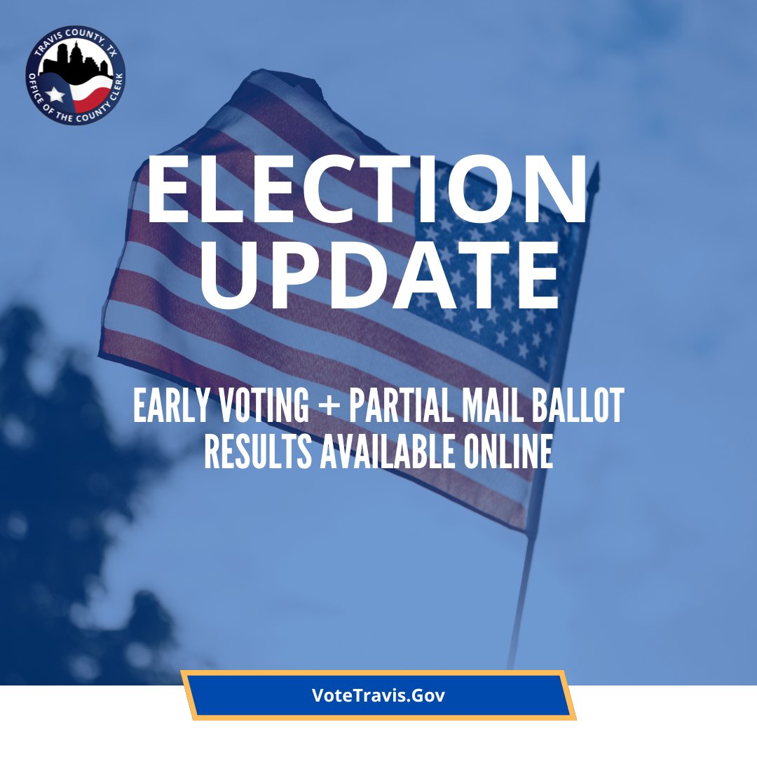 TravisCoClerk's tweet photo. Early voting and partial mail ballot results are available online.  
https://t.co/1WE5lGg8hO
#Election #Vote #TravisCounty https://t.co/nKyh4SLyP5