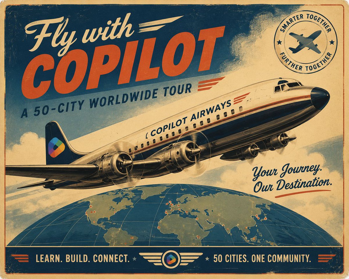 PhilSeamark's tweet photo. 🚀 We’re taking Copilot on tour

Learn how to actually use Copilot, build &amp; test agents, and explore the full Agentic Platform with real use cases + hands-on sessions.

👉 Join us: https://t.co/BZnG95uZPL

#MSFTAdvocate #FlyWithCopilot #CopilotChat #M365Copilot #CopilotStudio https://t.co/sslekUSRi1