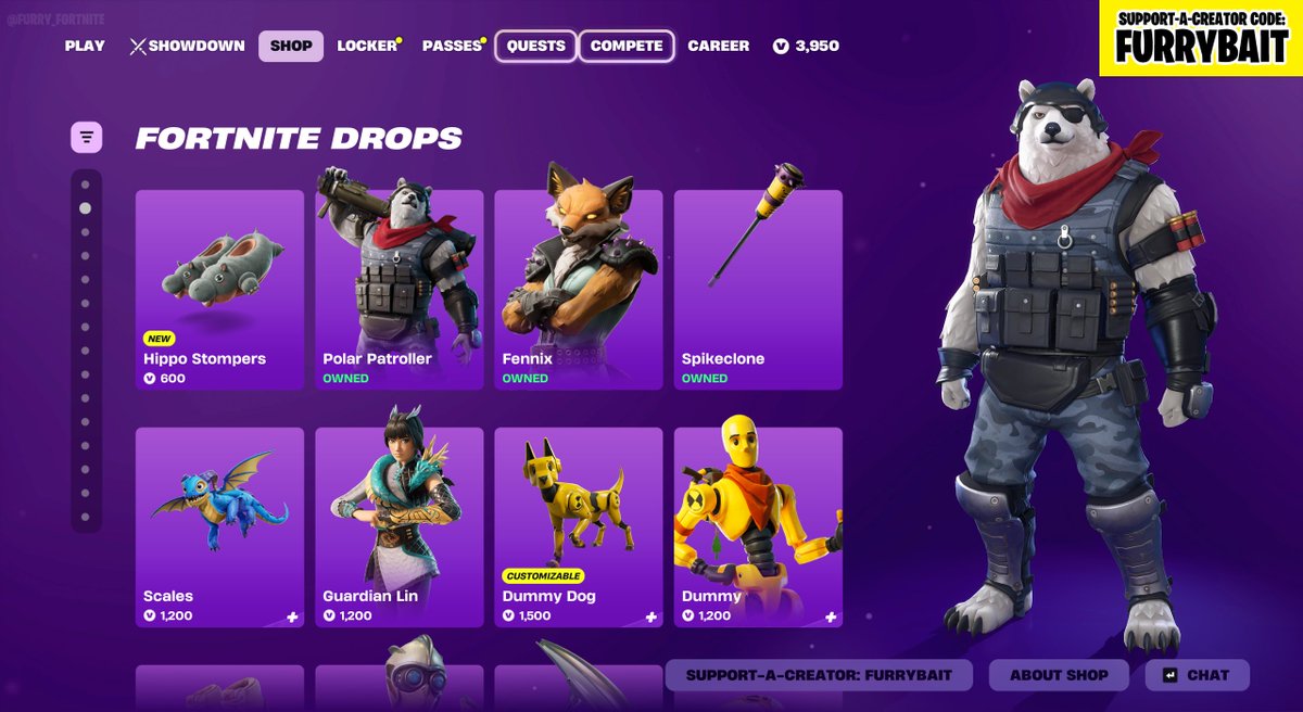 furry_fortnite's tweet photo. Not only is Polar Patroller back, but he's together in the Shop with Fennix, AND Fennix's extremely rare pickaxe, Spikeclone, has returned. All 3 are leaving in 5 days.

Use code FURRYBAIT on the Item Shop to support us! #EpicPartner #FurryFortnite https://t.co/u7JhHTxkdU