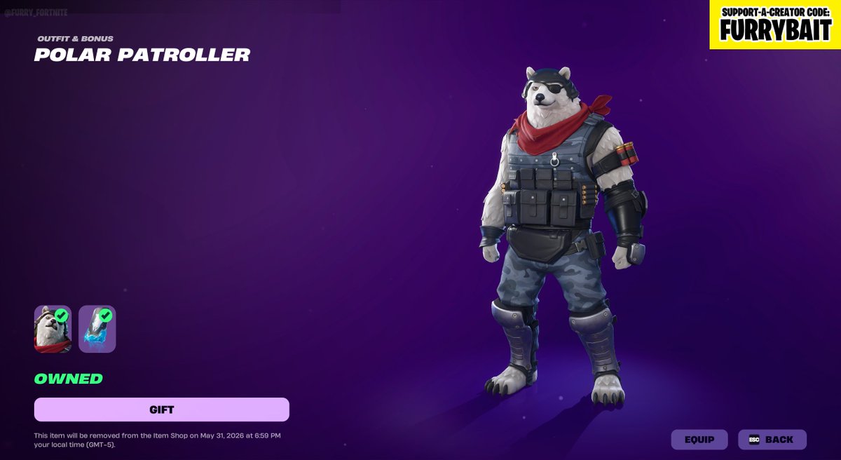 furry_fortnite's tweet photo. Not only is Polar Patroller back, but he's together in the Shop with Fennix, AND Fennix's extremely rare pickaxe, Spikeclone, has returned. All 3 are leaving in 5 days.

Use code FURRYBAIT on the Item Shop to support us! #EpicPartner #FurryFortnite https://t.co/u7JhHTxkdU