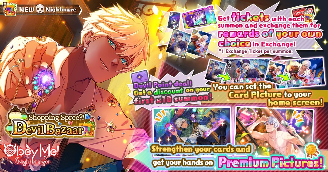 ObeyMeWiki's tweet photo. In Nightbringer, the event Nightmare "Shopping Spree?! Devil Bazaar" is having a revival! 👛 It will be available from May 26 until June 8, 18:00 (PDT)!

Any unspent exchange tickets for this Nightmare's Devildom Exchange will also be available again!

#ObeyMe
#ObeyMeNightbringer https://t.co/lIIC1igU6g