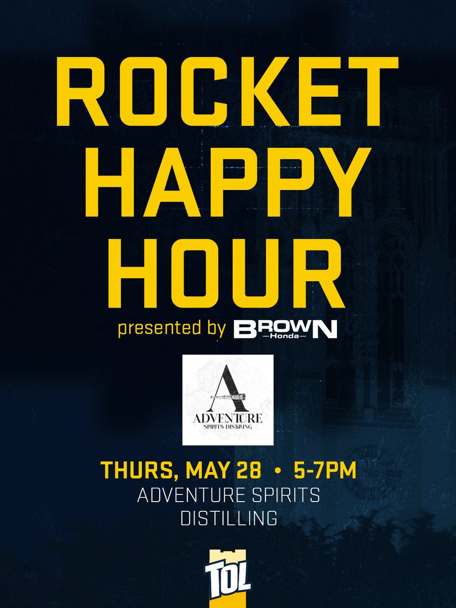 ToledoRockets's tweet photo. It's time for another Rocket Happy Hour🍻🚀

Join us at Adventure Spirits Distilling this Thursday from 5-7pm. 

#TeamToledo https://t.co/jLjoAc2TUM