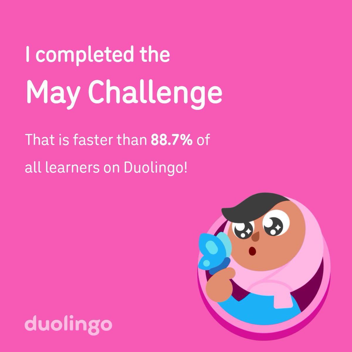 DerekPollick's tweet photo. I completed the May challenge faster than 88.7% of all learners on Duolingo! https://t.co/CVQpKd9Ubl