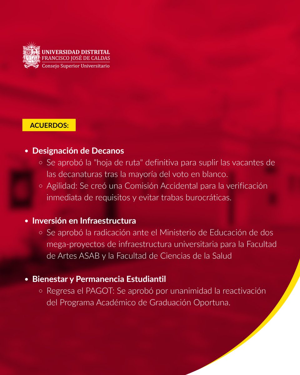 Forocsu's tweet photo. 📍 La sesión ordinaria 011 del CSU dejó decisiones importantes para la Universidad Distrital en temas como designación de decanos, nuevas sedes universitarias y permanencia estudiantil.

🔎 Más información en la página web del Foro Abierto CSU.

#CSU #UniversidadDistrital https://t.co/yw3KEdoCf4