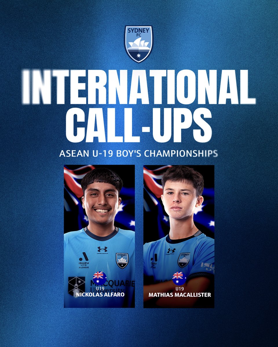 SydneyFC's tweet photo. Nicko Alfaro and Mathias Macallister have been named in the Australian U19's side who will head to Indonesia for the ASEAN U19's Championships 🇦🇺

All the best, boys 👏

#WeAreSydney https://t.co/7hnpYlbAN3