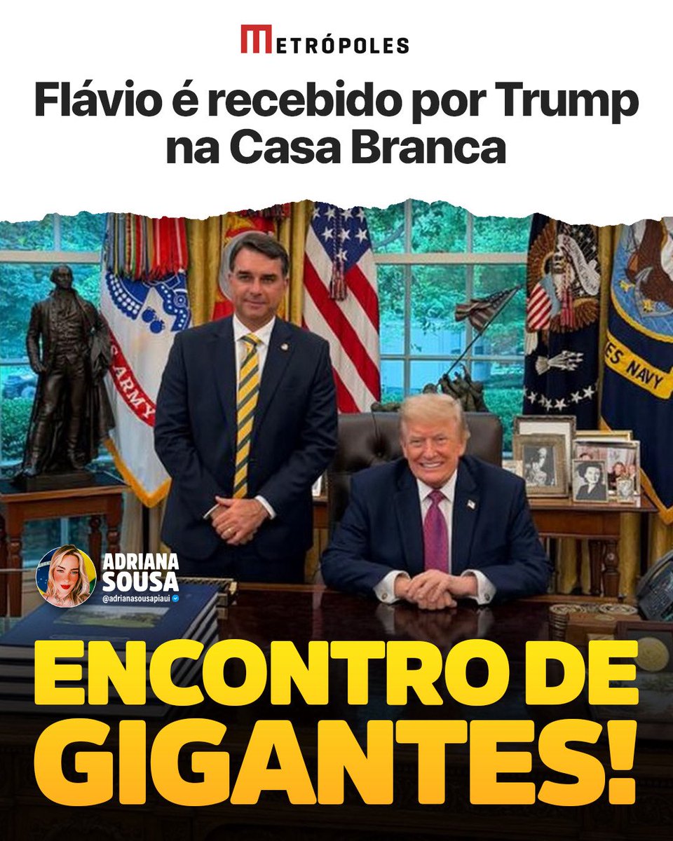 adrianasousapi's tweet photo. Olha o que o mundo está vendo hoje: história sendo escrita na Casa Branca. Flávio Bolsonaro recebido por Donald Trump com todas as honras. Enquanto uns viajam para ditaduras, outros são recebidos na Sala Oval. O Brasil conservador voltando ao centro do poder mundial. Este é só o começo.🇧🇷✌🏻

Look at what the world is seeing today: history being written in the White House. Flávio Bolsonaro received by Donald Trump with all honors. While some travel to dictatorships, others are received in the Oval Office. Conservative Brazil returning to the center of world power. This is just the beginning.🇧🇷✌🏻
@FlavioBolsonaro  @POTUS @realDonaldTrump