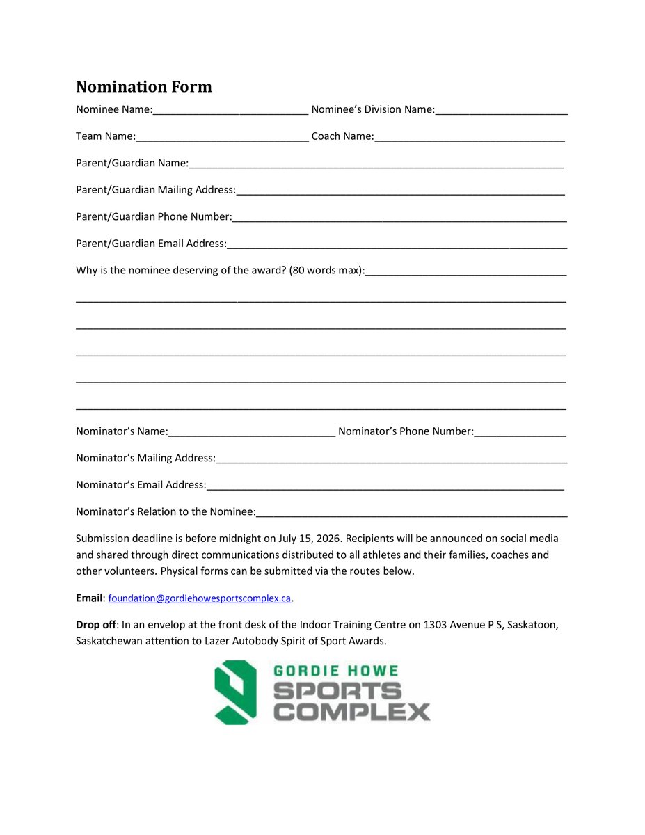 GordieHoweSport's tweet photo. Watch for players who embody the spirit of sport! Nominations are open for the #Lazer #Autobody Spirit of Sport Awards.  
Nominations can be submitted online at https://t.co/37ZvS7uvDX or physically printing off the attached forms. @baseballyxe. @SMF_2002. @SaskatoonMinor. https://t.co/CbJFa8LqX8