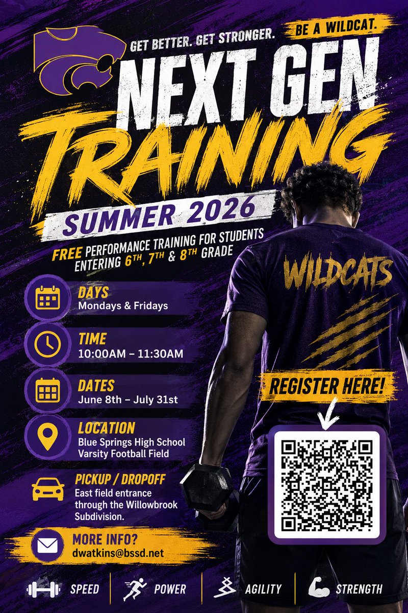 CoachWatkins17's tweet photo. I’M BACK!

Next Gen Training registration is open!

An 8 week program focused on Speed/Agility/Power/Strength!

Scan the QR code to register your incoming 6th, 7th, &amp; 8th Grader now FOR FREE!
#FutureWildcats #NextGeneration #PerformanceTraining #PrepareToWin #WinAtEverythingWeDo https://t.co/DYXOUFlRRj