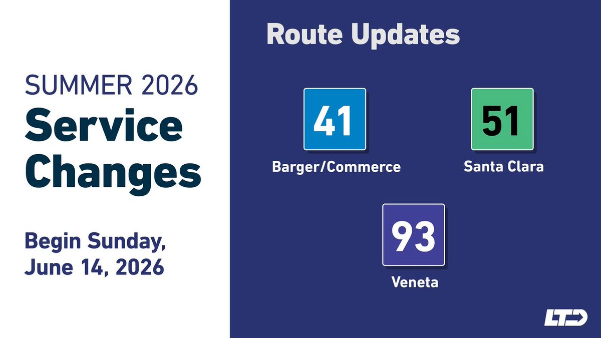 LaneTransit's tweet photo. 🚌 Reminder: LTD’s Summer Service Change starts June 14.

Updates are coming to Routes 41, 51 &amp; 93, plus seasonal adjustments for Routes 36, 79X, 81 &amp; 82.

Review schedules and plan ahead: https://t.co/KBkUk4VTRv

Tag a rider who should see this. 👇 https://t.co/qta4cD7nr8