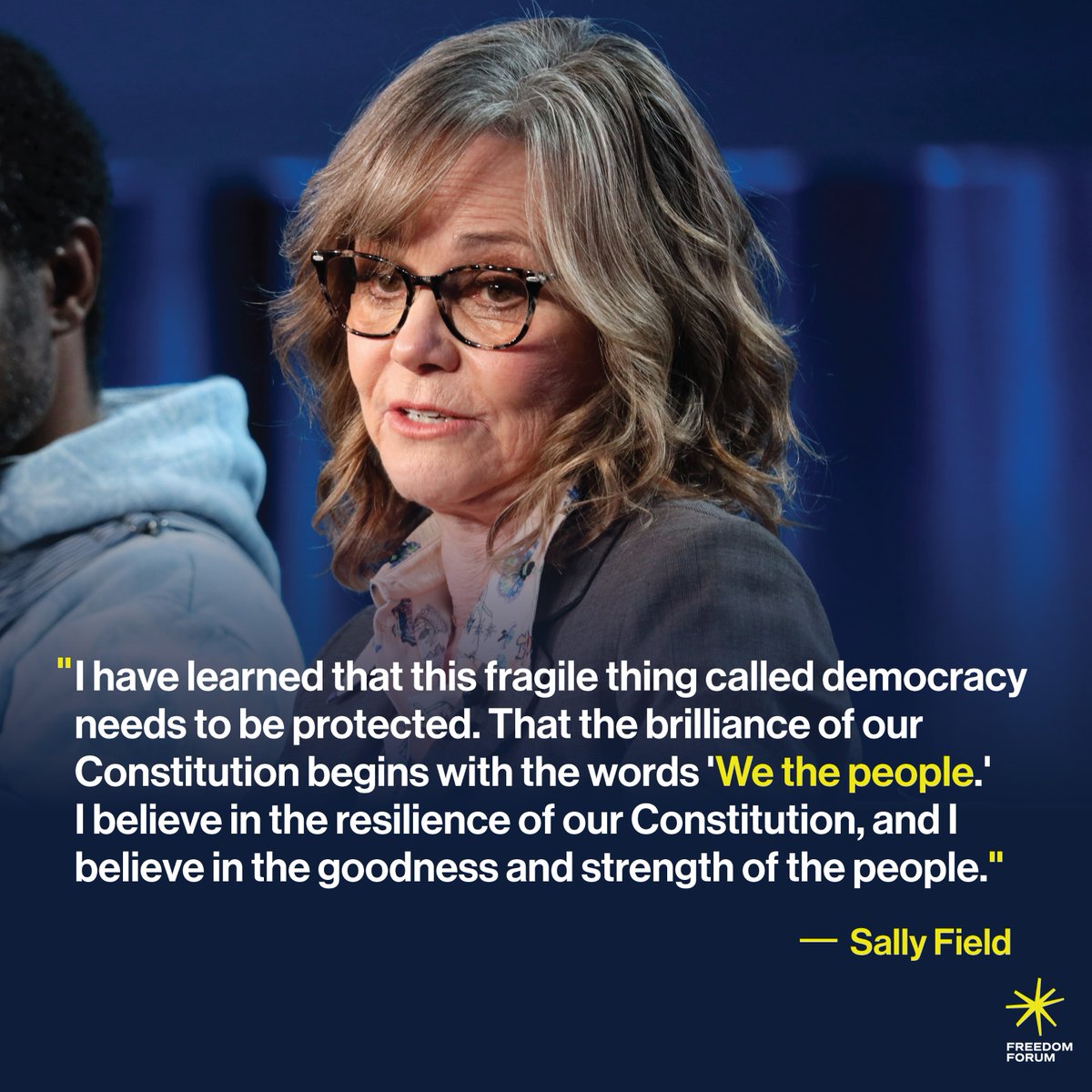 1stForAll's tweet photo. In a recent interview with @60minutes, award-winning actress Sally Field emphasized the importance of the Constitution — including the 45 words of the First Amendment she was asked to memorize in seventh grade.

"Almost 67 years later, I understand it like never before," she said.