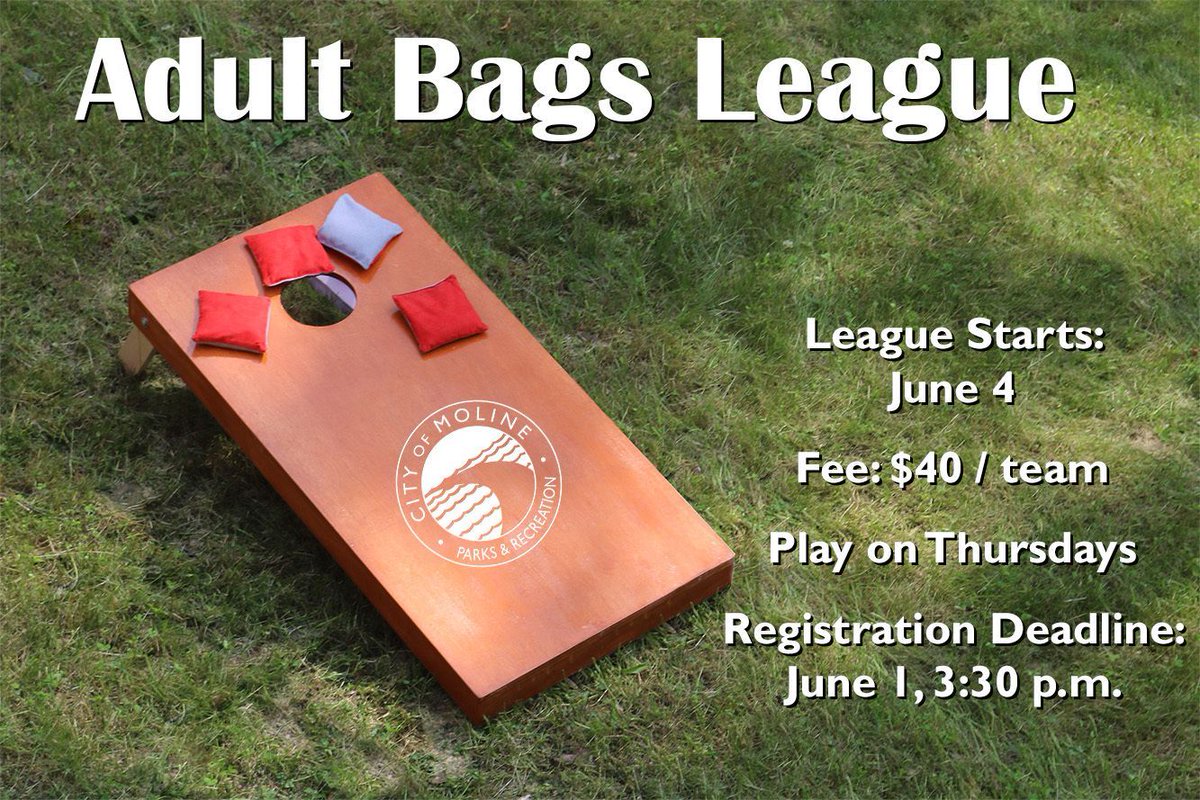 MolineParks's tweet photo. Grab your partner and get registered before it's too late. Registration for our Adult Bags League closes in less than 1 week (6/1)! 
Call 309-524-2424 or visit our website for full details and to sign up.
https://t.co/mnxUay0X0H https://t.co/nhMbLNxjWw