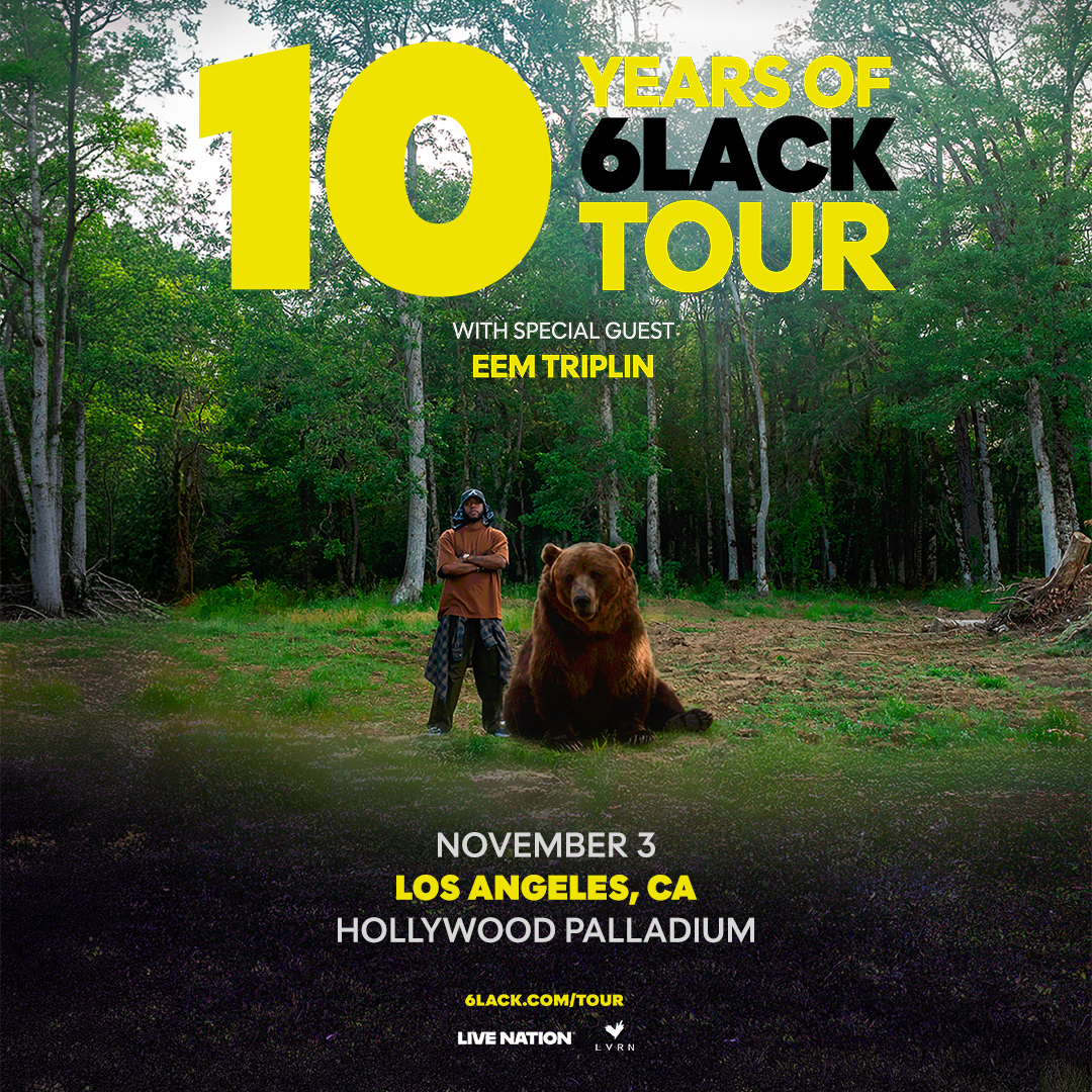 thepalladium's tweet photo. 10 YEARS OF 6LACK TOUR is coming to the Hollywood Palladium on November 3! Sign up for early access now! Tickets on sale Friday, 5/29 @ 10 AM local!

🎫: https://t.co/K2wDCCN4Ms https://t.co/2ktUY4KtLF