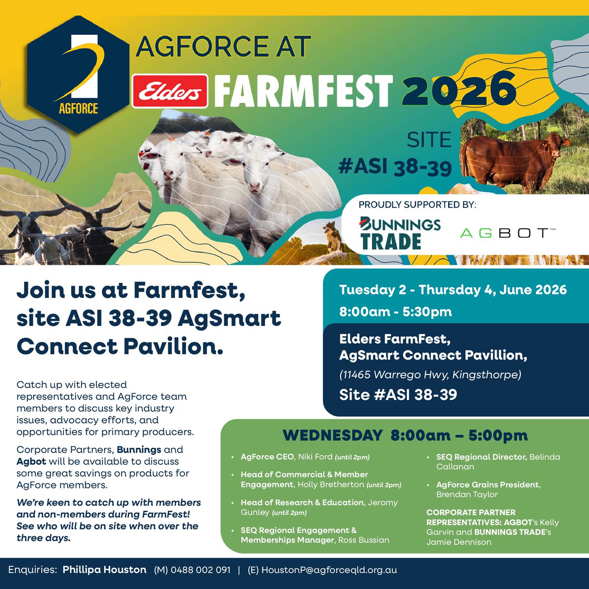 AgForceQLD's tweet photo. Heading to FarmFest? AgForce will have a stand at the event so swing by and say hello! 👋 

On Wed 3 Jun, we'll have quite a few members of our team in attendance, including our CEO Niki Ford until 2pm. Check out who else will be at our stand below 👇 👇

#everyfamilyneedsafarmer https://t.co/NrnIihi3Tz