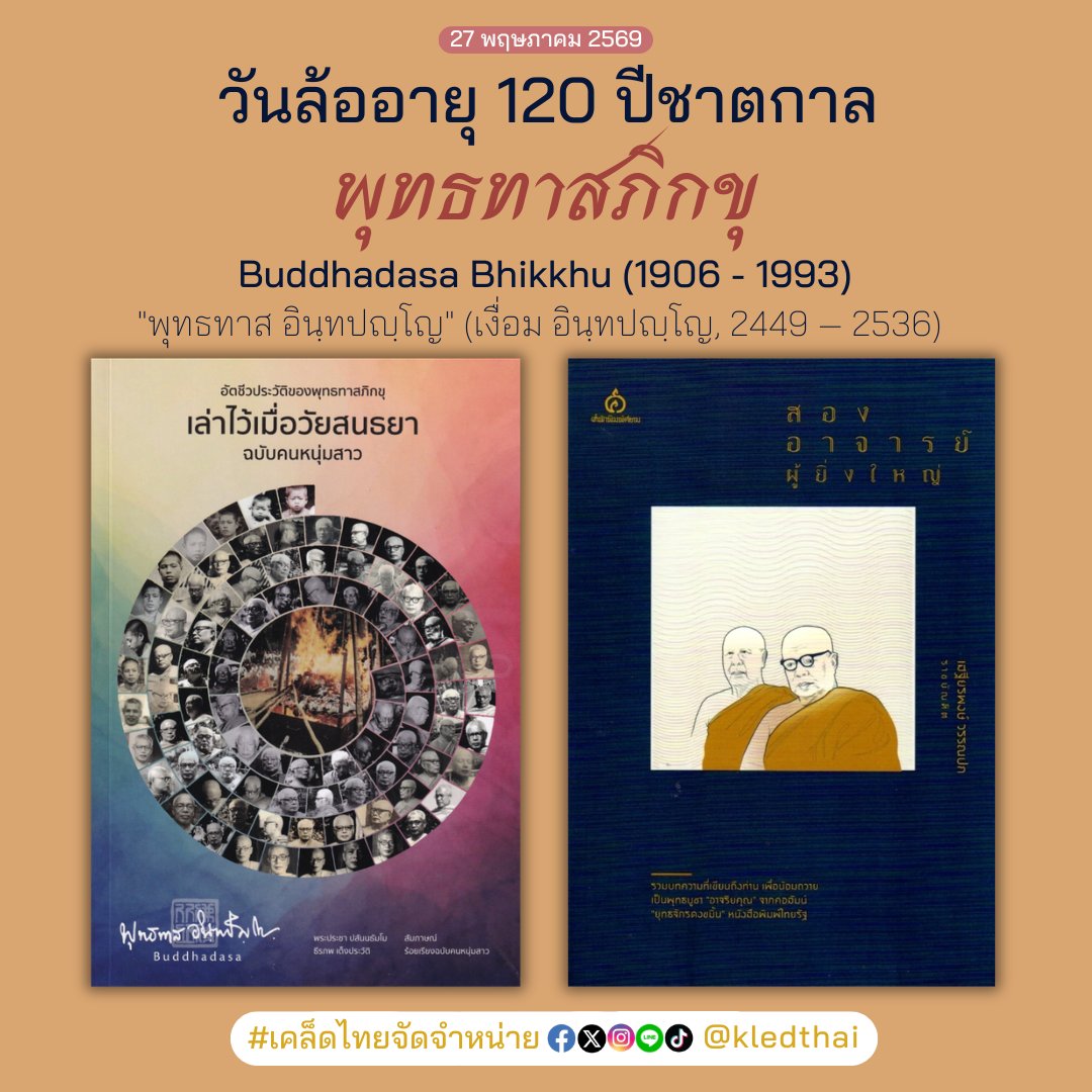 kledthai's tweet photo. 🙏"การทำงานคือการปฏิบัติธรรม"
#พุทธทาสภิกขุ
🗓️27 พฤษภาคม 2569🎂วันล้ออายุ 120 ปีชาตกาล✍️"พุทธทาสภิกขุ" หรือ "พุทธทาส อินฺทปญฺโญ" (เงื่อม อินฺทปญฺโญ, 2449-2536) ผู้สร้าง "สวนโมกขพลาราม" (วัดธารน้ำไหล อ.ไชยา จ.สุราษฎร์ธานี)
.
📚ผลงานการบรรยายธรรมของท่าน ได้รับการจัดพิมพ์เป็นหนังสือมากมายหลายเล่ม และยังคงได้รับความนิยมจนถึงปัจจุบัน เช่น
▪️คู่มือมนุษย์
▪️ตัวกู-ของกู
▪️แก่นพุทธศาสน์
▪️ตามรอยพระอรหันต์
และที่สร้างแรงสั่นสะเทือนอย่างมากในขณะนั้นคือ การแสดงปาฐกถา ณ พุทธสมาคมแห่งประเทศไทย ระหว่างปี พ.ศ. 2483 – 2491📚จัดพิมพ์เป็นหนังสือ "ชุมนุมปาฐกถา ชุดพุทธธรรม" ของ "พุทธทาสภิกขุ" โดย "ธรรมทานมูลนิธิ" มี 4 เรื่องที่นักอ่านสายแข็งไม่ควรพลาด คือ
▪️วิถีแห่งการเขาถึงพุทธธรรม
▪️ความสงบคือพุทธธรรม
▪️ภูเขาแห่งวิถีพุทธธรรม
▪️ขยายความภูเขาแห่งวิถีพุทธธรรม
.
🎖️ปี พ.ศ. 2549 "พุทธทาสภิกขุ" ได้รับการประกาศยกย่องเชิดชูเกียรติจาก "ยูเนสโก” ให้เป็น "บุคคลสำคัญของโลก" ในวาระ 100 ปีชาตกาล
✨"งานเขียนของท่าน ซึ่งได้รับการแปลและตีพิมพ์ในหลายภาษา มีอิทธิพลอย่างมหาศาลต่อการฟื้นฟูวิธีคิดแนวพุทธขึ้นใหม่ ความคิดที่ท่านได้แสดงไว้ มิเพียงแต่จะสามารถชี้ทางให้กับประเทศไทยได้เท่านั้น หากยังรวมถึงสังคมทั้งปวง ที่กำลังพยายามสรรค์สร้างระเบียบทางสังคม การเมือง และเศรษฐกิจ อันเที่ยงธรรมและเป็นธรรมอีกด้วย"✨
…
✨"ตลอด 60 ปีที่ท่านทำหน้าที่ ‘พุทธทาส’ ท่านได้โยนระเบิดลง (สำหรับฝ่ายอนุรักษ์) หรือจุดพลุขึ้น (สำหรับฝ่ายก้าวหน้า) ให้ทั้งวงการธรรมะ คณะสงฆ์ และสังคมไทยอยู่เสมอๆ เพื่อปลุกให้คนตื่นขึ้น และรับรู้แก่นแท้ของพุทธธรรมอย่างแท้จริง"✨
-📖จากหนังสือ "เล่าไว้เมื่อวัยสนธยา ฉบับคนหนุ่มสาว"
#เคล็ดไทยจัดจำหน่าย #พุทธทาส #พุทธทาสภิกขุ #120ปีพุทธทาสภิกขุ #เล่าไว้เมื่อวัยสนธยา #เล่าไว้เมื่อวัยสนธยาฉบับคนหนุ่มสาว #สองอาจารย์ผู้ยิ่งใหญ่