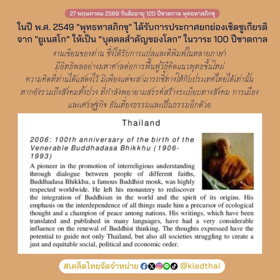 kledthai's tweet photo. 🙏"การทำงานคือการปฏิบัติธรรม"
#พุทธทาสภิกขุ
🗓️27 พฤษภาคม 2569🎂วันล้ออายุ 120 ปีชาตกาล✍️"พุทธทาสภิกขุ" หรือ "พุทธทาส อินฺทปญฺโญ" (เงื่อม อินฺทปญฺโญ, 2449-2536) ผู้สร้าง "สวนโมกขพลาราม" (วัดธารน้ำไหล อ.ไชยา จ.สุราษฎร์ธานี)
.
📚ผลงานการบรรยายธรรมของท่าน ได้รับการจัดพิมพ์เป็นหนังสือมากมายหลายเล่ม และยังคงได้รับความนิยมจนถึงปัจจุบัน เช่น
▪️คู่มือมนุษย์
▪️ตัวกู-ของกู
▪️แก่นพุทธศาสน์
▪️ตามรอยพระอรหันต์
และที่สร้างแรงสั่นสะเทือนอย่างมากในขณะนั้นคือ การแสดงปาฐกถา ณ พุทธสมาคมแห่งประเทศไทย ระหว่างปี พ.ศ. 2483 – 2491📚จัดพิมพ์เป็นหนังสือ "ชุมนุมปาฐกถา ชุดพุทธธรรม" ของ "พุทธทาสภิกขุ" โดย "ธรรมทานมูลนิธิ" มี 4 เรื่องที่นักอ่านสายแข็งไม่ควรพลาด คือ
▪️วิถีแห่งการเขาถึงพุทธธรรม
▪️ความสงบคือพุทธธรรม
▪️ภูเขาแห่งวิถีพุทธธรรม
▪️ขยายความภูเขาแห่งวิถีพุทธธรรม
.
🎖️ปี พ.ศ. 2549 "พุทธทาสภิกขุ" ได้รับการประกาศยกย่องเชิดชูเกียรติจาก "ยูเนสโก” ให้เป็น "บุคคลสำคัญของโลก" ในวาระ 100 ปีชาตกาล
✨"งานเขียนของท่าน ซึ่งได้รับการแปลและตีพิมพ์ในหลายภาษา มีอิทธิพลอย่างมหาศาลต่อการฟื้นฟูวิธีคิดแนวพุทธขึ้นใหม่ ความคิดที่ท่านได้แสดงไว้ มิเพียงแต่จะสามารถชี้ทางให้กับประเทศไทยได้เท่านั้น หากยังรวมถึงสังคมทั้งปวง ที่กำลังพยายามสรรค์สร้างระเบียบทางสังคม การเมือง และเศรษฐกิจ อันเที่ยงธรรมและเป็นธรรมอีกด้วย"✨
…
✨"ตลอด 60 ปีที่ท่านทำหน้าที่ ‘พุทธทาส’ ท่านได้โยนระเบิดลง (สำหรับฝ่ายอนุรักษ์) หรือจุดพลุขึ้น (สำหรับฝ่ายก้าวหน้า) ให้ทั้งวงการธรรมะ คณะสงฆ์ และสังคมไทยอยู่เสมอๆ เพื่อปลุกให้คนตื่นขึ้น และรับรู้แก่นแท้ของพุทธธรรมอย่างแท้จริง"✨
-📖จากหนังสือ "เล่าไว้เมื่อวัยสนธยา ฉบับคนหนุ่มสาว"
#เคล็ดไทยจัดจำหน่าย #พุทธทาส #พุทธทาสภิกขุ #120ปีพุทธทาสภิกขุ #เล่าไว้เมื่อวัยสนธยา #เล่าไว้เมื่อวัยสนธยาฉบับคนหนุ่มสาว #สองอาจารย์ผู้ยิ่งใหญ่