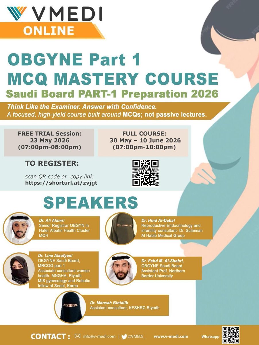 VMedi_'s tweet photo. VMEDI proudly presents:
🚀 OBGYNE Saudi Board Part 1 – MCQ Mastery Course (Online)
👉 Learn through high-yield MCQs + smart, exam-focused explanations
👉 Master the exam using real previous questions & proven patterns
✔ 40+ MCQs per session
✔ Coverage of 14 core subjects
✔ Midterm + Final Mock Exams
👩‍⚕️ Speakers: Saudi Board Graduates; blending senior expertise with fresh exam insight
🎯 Free Trial Session: 23 May 2026
📅 Full Course: 30 May – 10 June 2026
⚠️ Limited seats – early registration recommended
👉 Register now: https://t.co/icEiCJS5fh
📱 WhatsApp: https://t.co/MyMbnH8XDH 

#residency #فضفضة_طبيب #طب #صحة #ObGyn #طب_النساء_والولادة #طب
#الممارسين_الصحيين #طبيبة #طبيب_امتياز #طالب_طب 
#صباح_الخير #السعودية