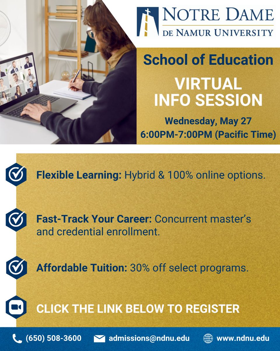 NotreDameCA's tweet photo. 🎓 Ready to advance your career? Join our LIVE Info Session via Zoom! Learn about our programs and discover how you can take the next step.  

🗓️ Next Session: Wednesday, May 27 from 6:00PM-7:00PM (PT)
💻 Click the link to register: https://t.co/J6SAtrK4XD 

#GradSchool 
#OnlineLearning 
#CareerAdvancement 
#ZoomSessions 
#HigherEducation 
#NotreDameDeNamur 
#NDNU