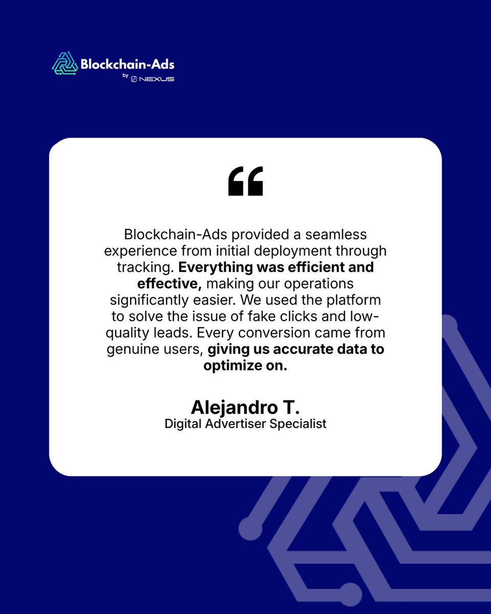 BlockchainAds_'s tweet photo. Alejandro T. stopped pouring budget into fake conversions. 

On Blockchain-Ads, every conversion came from a real user, so decisions to enter new markets after that actually held up.

Get qualified on Blockchain-Ads. https://t.co/yf4RHS4yhM https://t.co/HKokUG5JZI